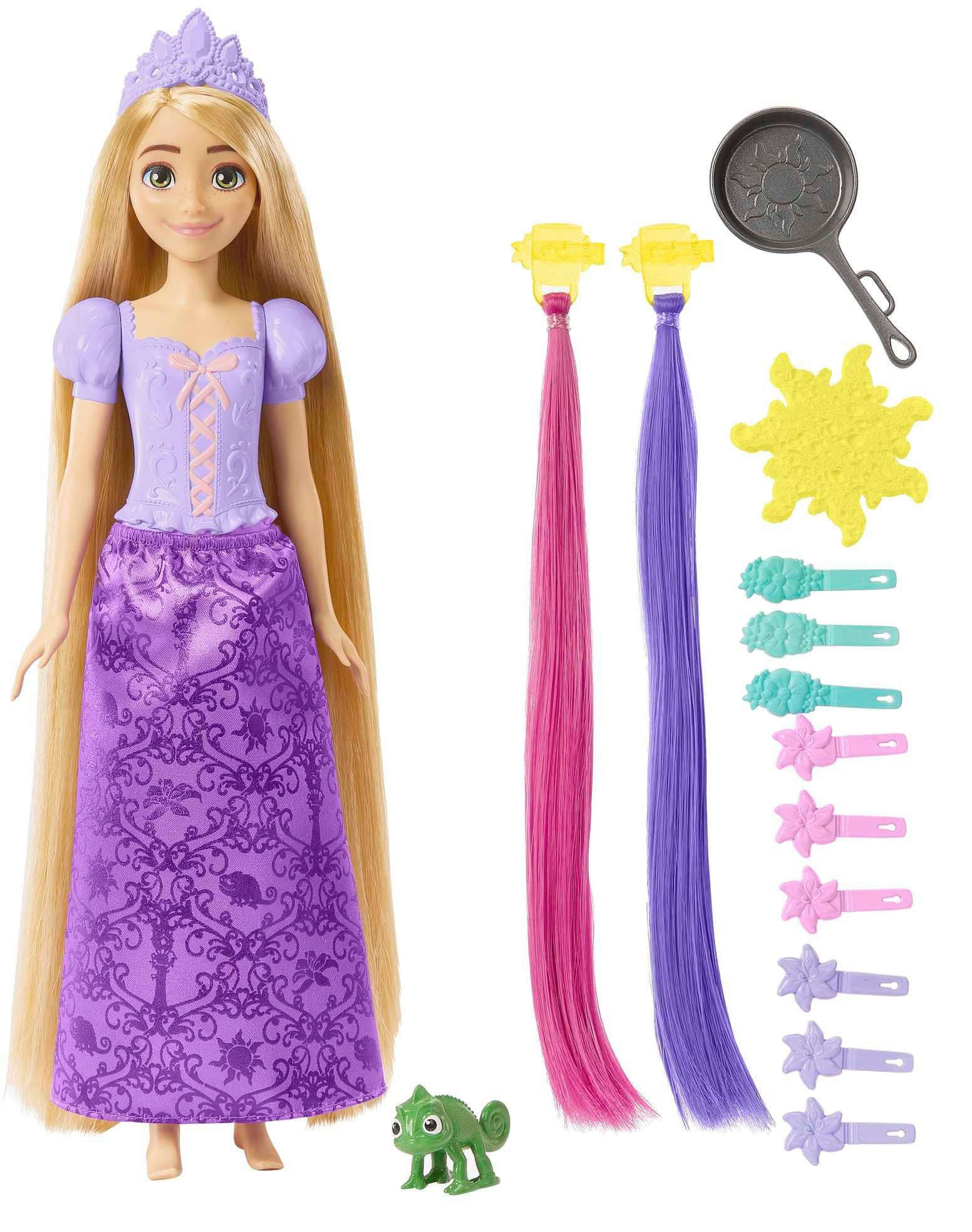 Mattel® Anziehpuppe Disney Princess, Haarspiel Rapunzel Puppe und Zubehör,  Inkl. 15-teiligem Zubehör, wie z.B. Bratpfannen-Bürste