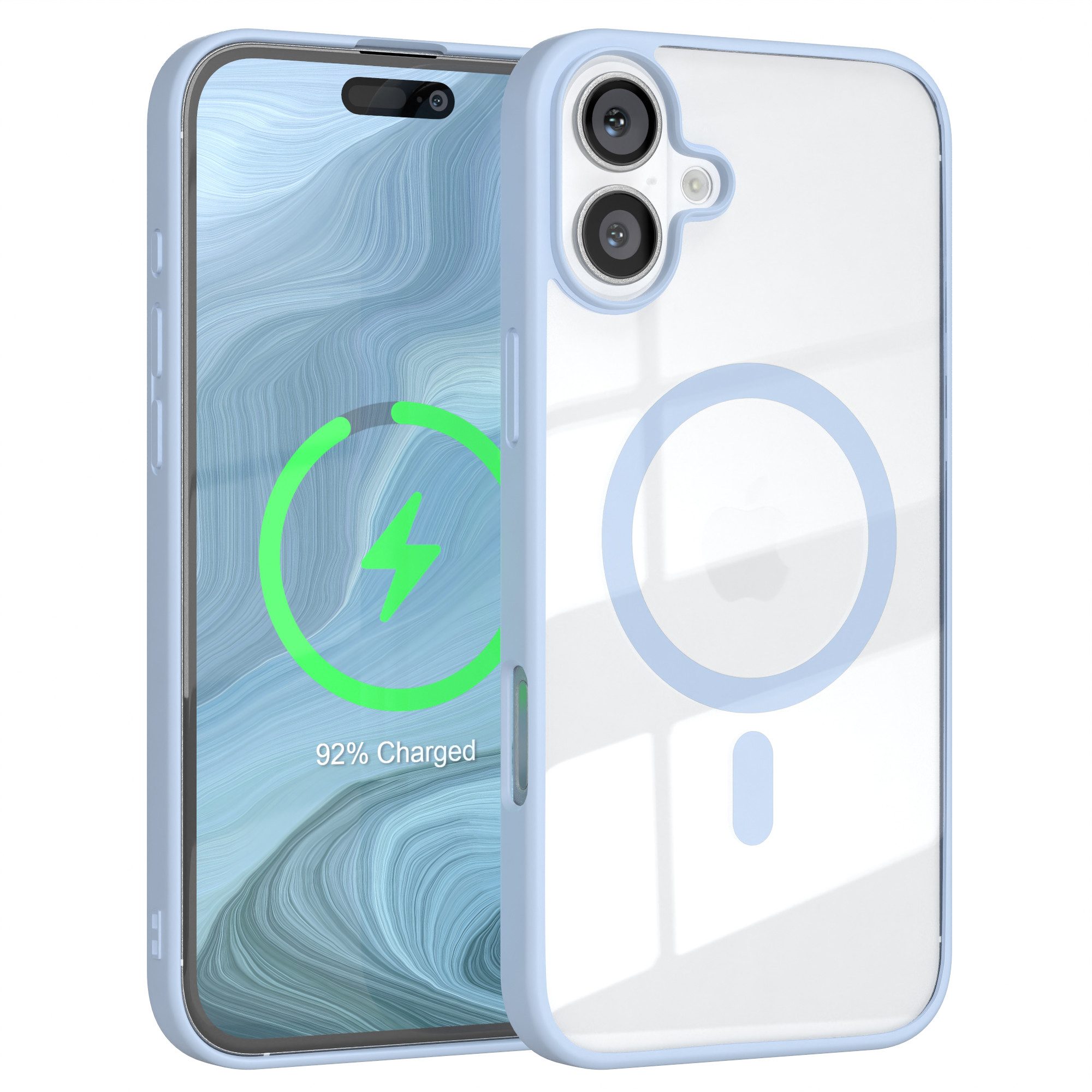 EAZY CASE Handyhülle Transparente Hülle mit MagSafe für iPhone 16 Plus 6,7 Zoll, Softcase, Schutzhülle mit Displayschutz, stoßfest, kratzfest, Hellblau