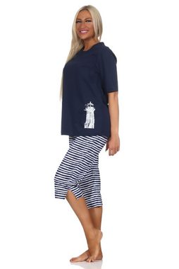 Normann Pyjama Damen kurzarm Capri Schlafanzug in maritimer Optik -auch in Übergröße