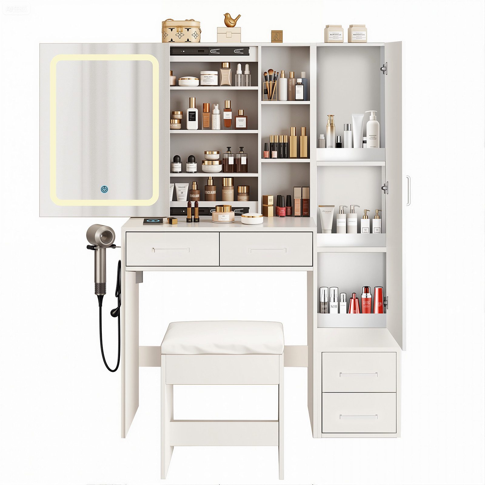 BBWL Schminktisch mit LED-Spiegel, 4 Schubladen & 1 Tür (MDF-Platten, USB-Anschluss), dimmbares Licht, platzsparend & pflegeleicht, mit Hocker