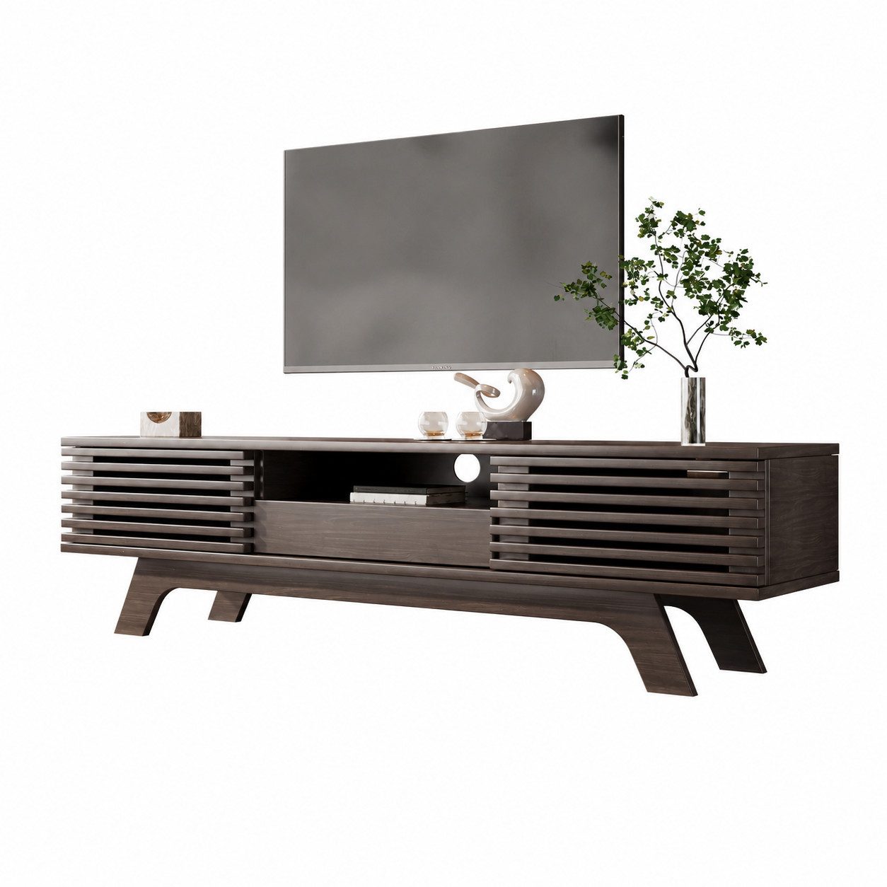 Merax Lowboard mit verstellbaren Einlegeböden, TV-Schrank, Fernsehtsich, TV-Schrank mit offene Ablage und Holzbeine,B/H/T: 150/44/35cm
