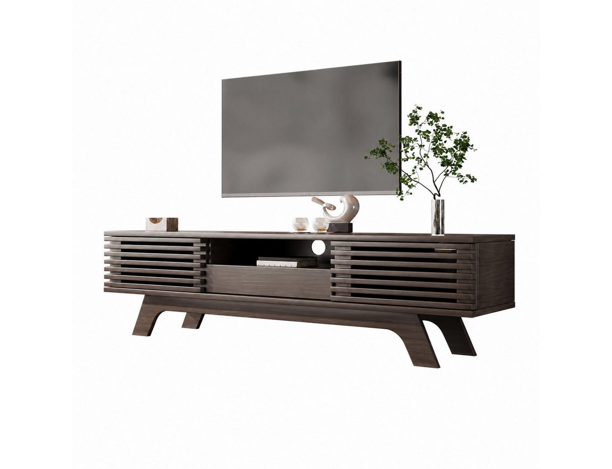 Merax Lowboard mit verstellbaren Einlegeböden, TV-Schrank, Fernsehtsich, TV-Schrank mit offene Ablage und Holzbeine,B/H/T: 150/44/35cm