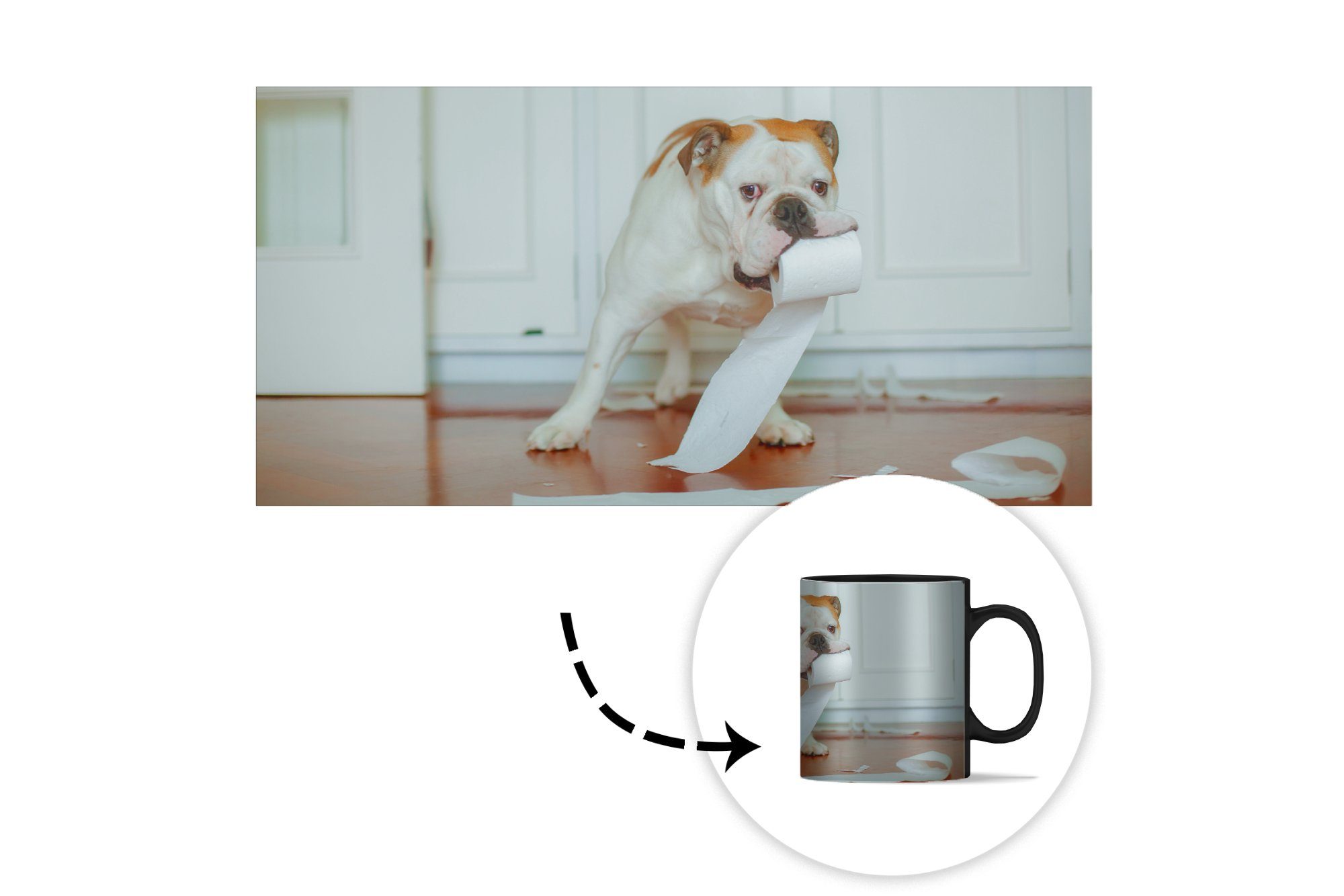Geschenk mit Hund Kaffeetassen, spielt Toilettenpapier, Zaubertasse, Farbwechsel, Tasse Keramik, Teetasse, MuchoWow