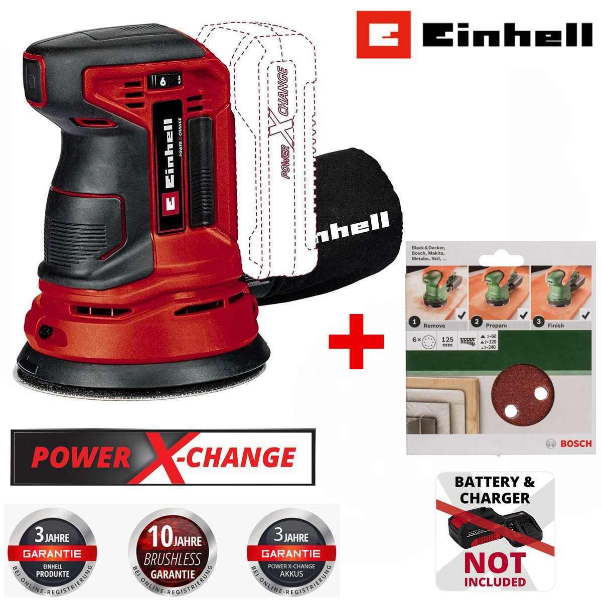 Einhell Akku-Exzenterschleifer Exzenterschleifer TE-RS 18 Li-Solo 18V + Bosch 6tlg Schleifblattset