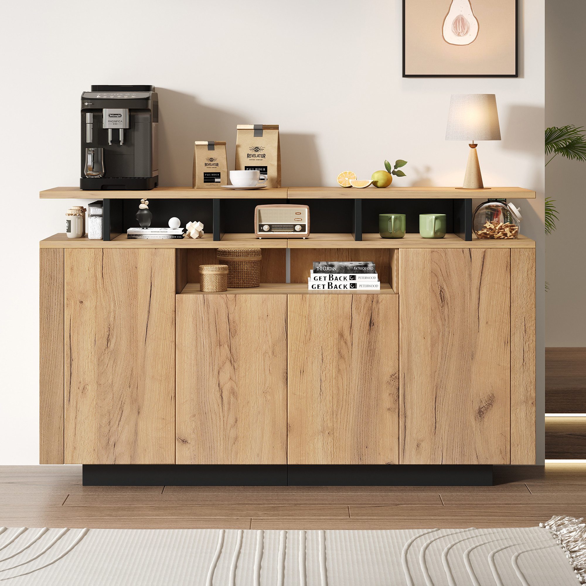 Merax Sideboard Kommode mit 4 Türen, offenen Fächern, Holz Buffetschrank (1 St., für Wohnzimmer, Flur & Büro, Natur), Aufbewahrungsschrank, 120×40×85 cm