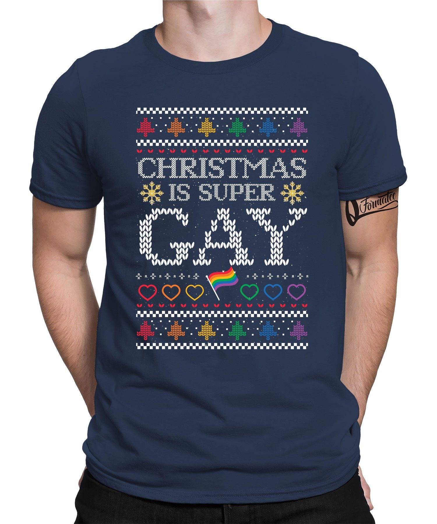 Quattro Formatee Kurzarmshirt LGBT Gay Christmas - Weihnachten X-mas Weihnachtsgeschenk Herren T-Shi (1-tlg) Navy Blau