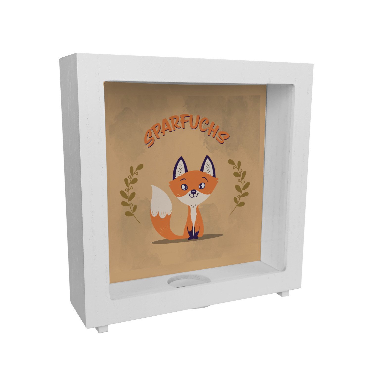 Spardose Rahmen Spardose aus Holz Keramik mit süßem Fuchs Motiv und Spruch