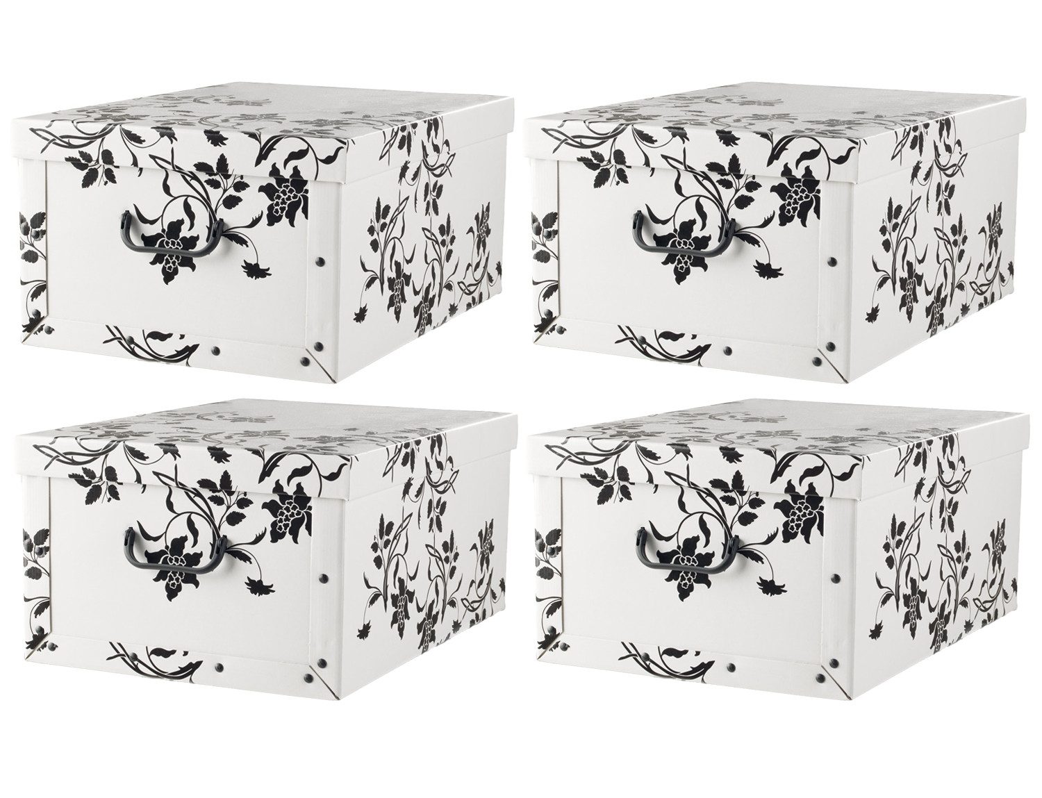 Aufbewahrungsbox, 4er Set, Weiß, Blumenranken, recycelter Karton