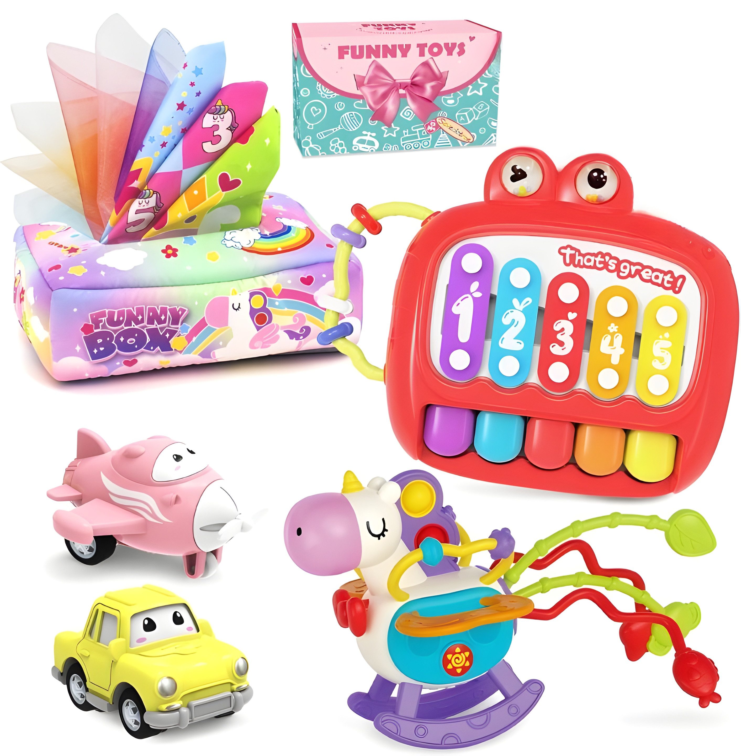 seveclotree Lernspielzeug Montessori 5in1 Babyspielzeugset fördert Motorik & Kreativität (Sensorisches Lernspielzeug für Babys und Kleinkinder ab 6 Monaten, 5-St., Montessori 5in1 Babyspielzeugset für motorische & kognitive Förderung), 5-in-1 Montessori Spielset fördert Motorik, Kreativität, Sinne