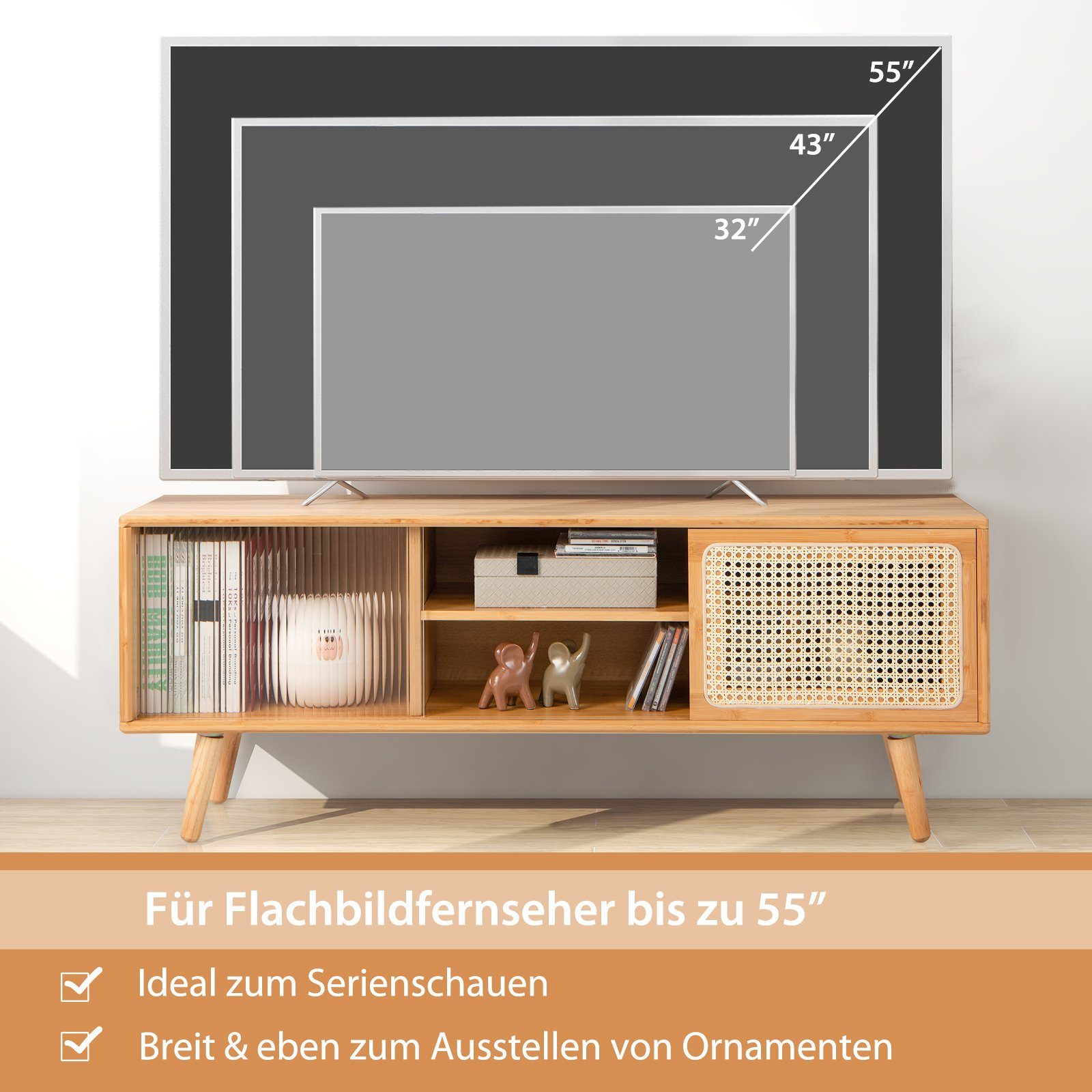 COSTWAY TV-Schrank mit 2 Schiebetüren, Glas und Bambus TV-Regal – Bild 5 von 5