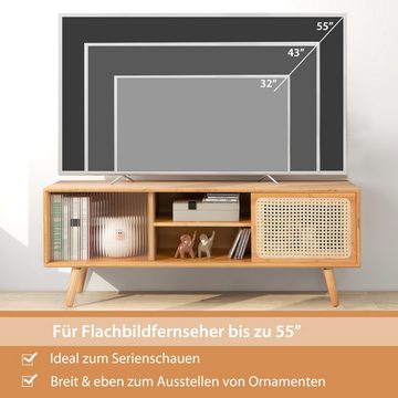 COSTWAY TV-Schrank 2 Schiebetüren (Glas&Bambus), 2 Fächer, 120,5x31x45,5cm