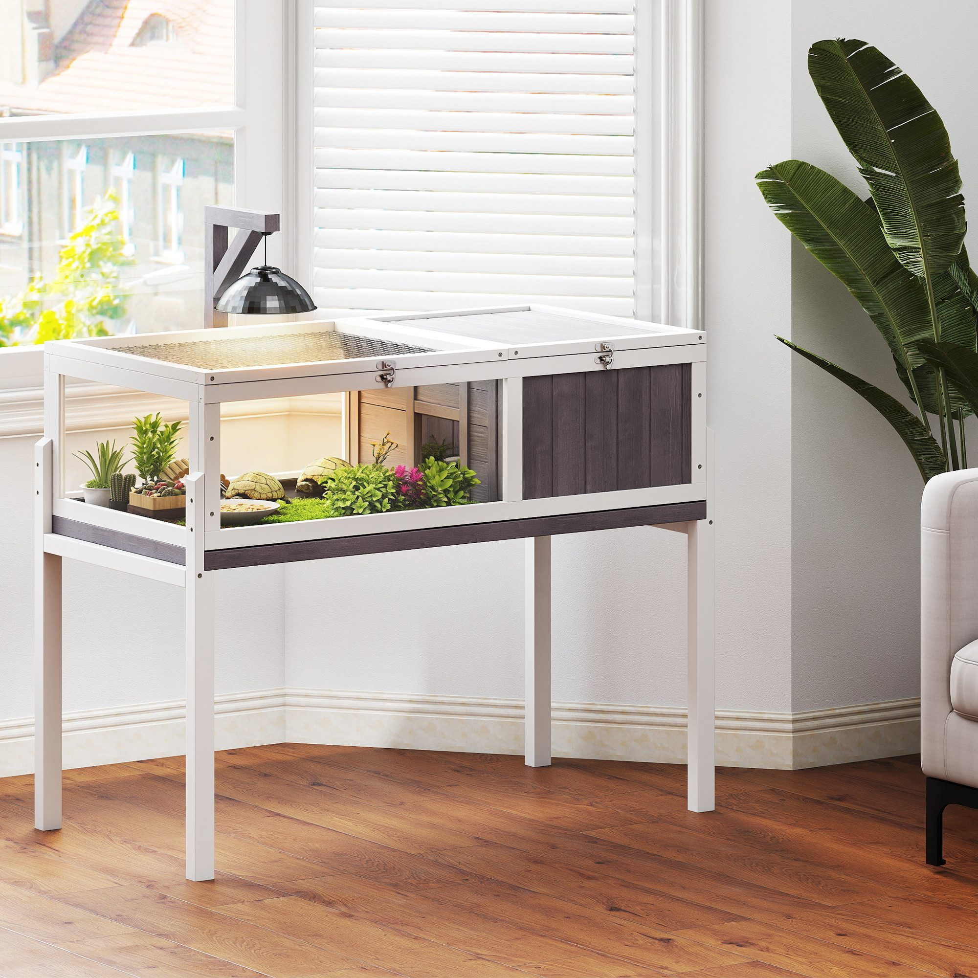 PawHut Kleintierstall mit Haupthaus, Sichtfenster, aufklappbarer Deckel, für Amphibien, Indoor, Outdoor, Weiß+Grau