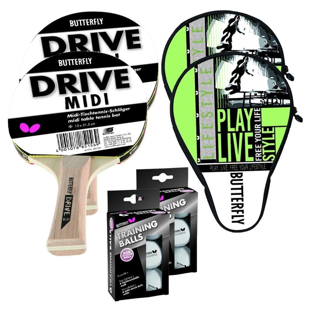 Butterfly Tischtennisschläger 2x Drive Midi + 2x Hülle + 12 Bälle weiß, Tischtennis Schläger Set Tischtennisset Table Tennis Bat Racket