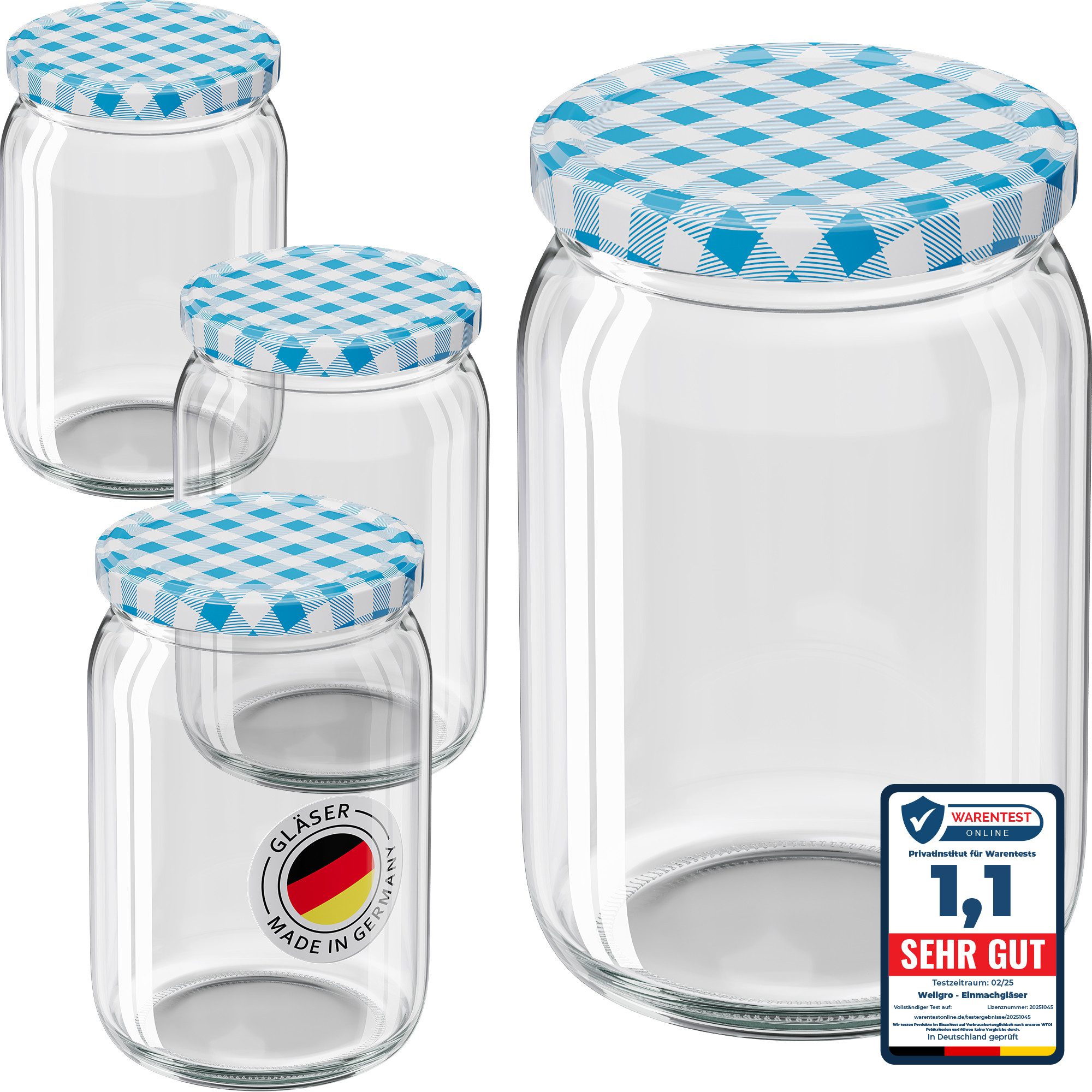 Wellgro Vorratsglas Einmachgläser mit Schraubdeckel TO 82, blau kariert, (12-tlg)