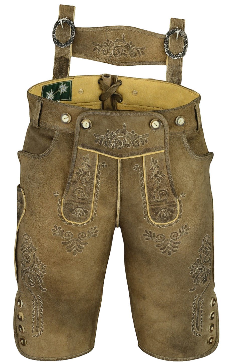 Fuente Leather Wears Trachtenhose Herren Trachtenlederhose kurz mit Trägern Wildbock Leder Beigeolive Einfarbig mit aufwendiger Antik-Stickerei