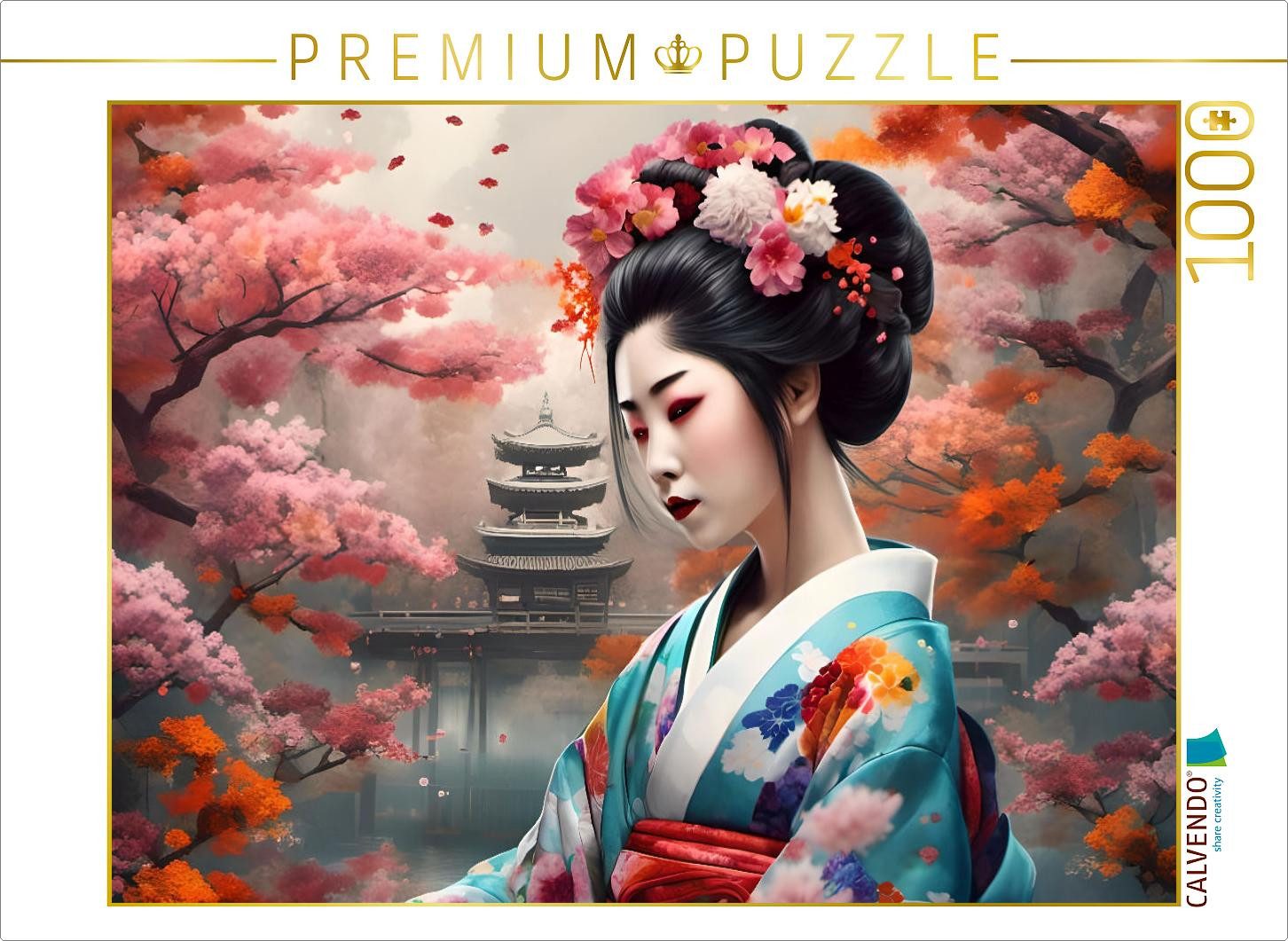 CALVENDO Puzzle CALVENDO Puzzle Geisha im Frühling mit Tempel im Hintergrund, 1000 Te, 1000 Puzzleteile