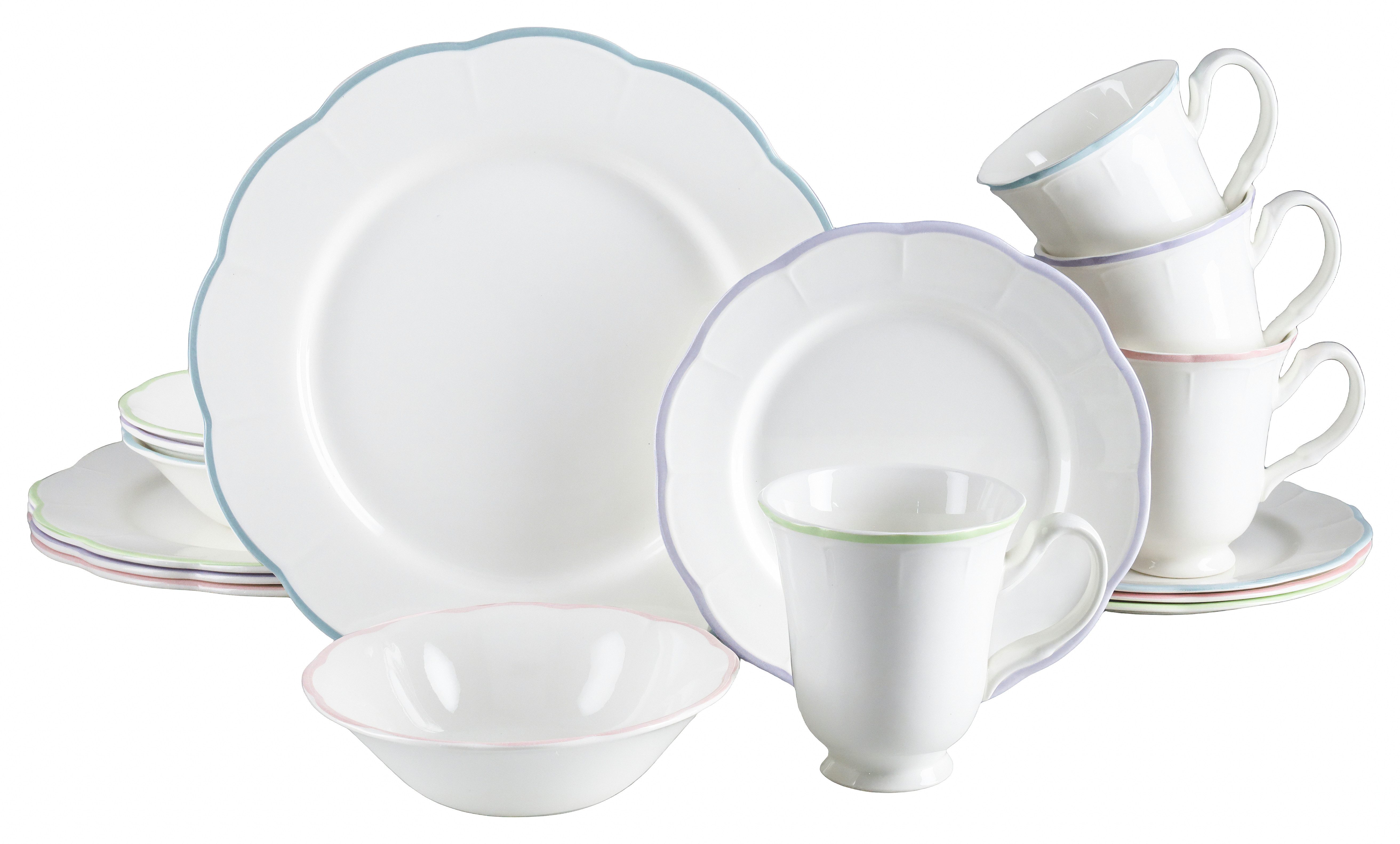 CreaTable Kombiservice Florine Bunt, Service 16-tlg. (16-tlg), 4 Personen, Steingut, Elegant, Klassische Form, Zart gewellte Ränder