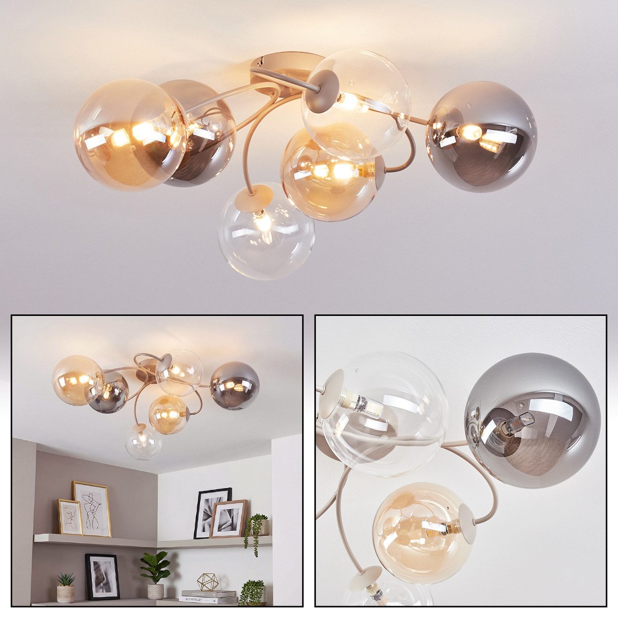 hofstein Deckenleuchte Deckenlampe aus Metall/Glas in Sandfarben/Rauch-/Bernsteinfarben/Klar, moderne Deckenleuchte im Retro/Vintage-Design, 6 x G9
