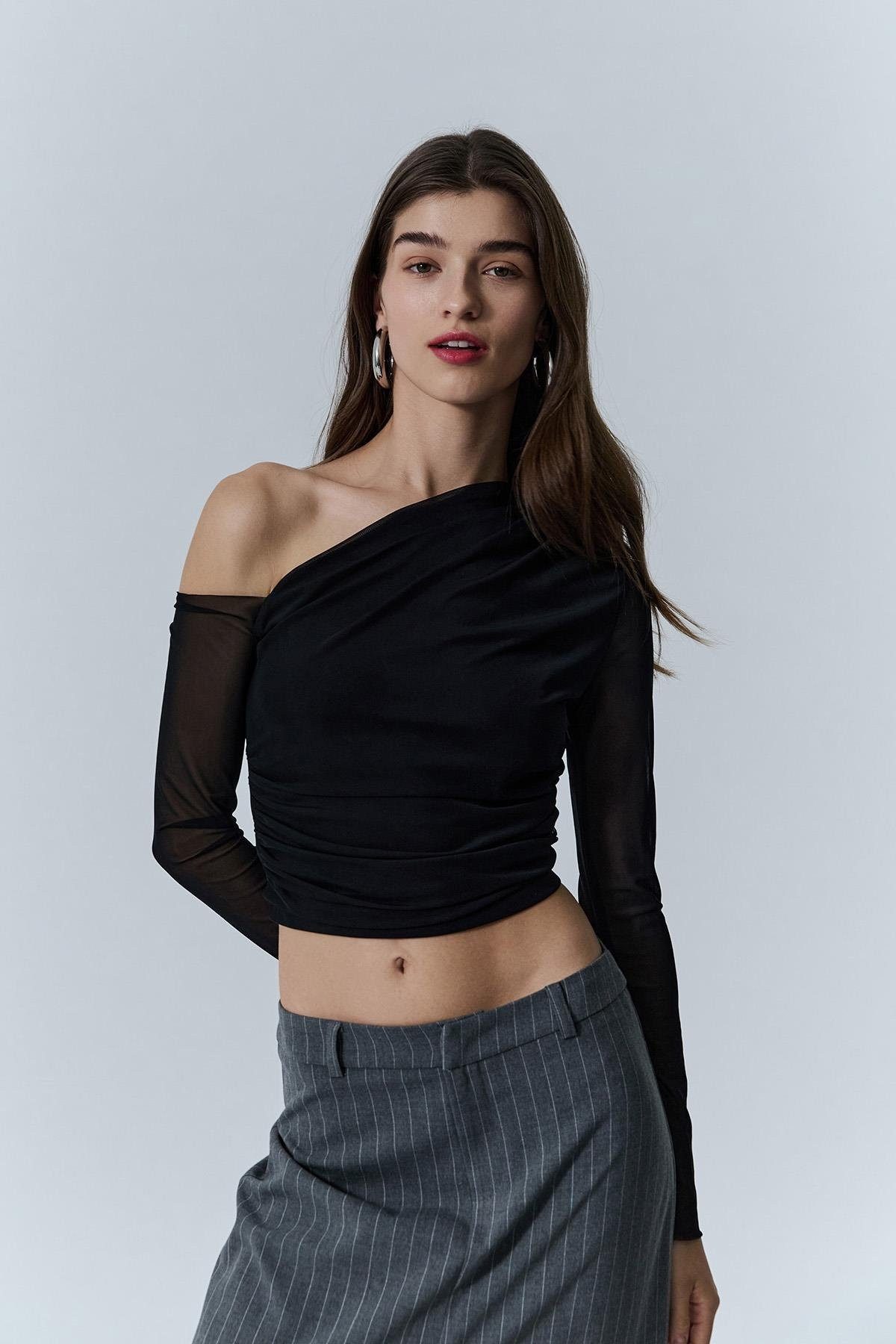 QUZU One-Shoulder-Top Crop Top Langarm in Schwarz Tüll (1tlg)