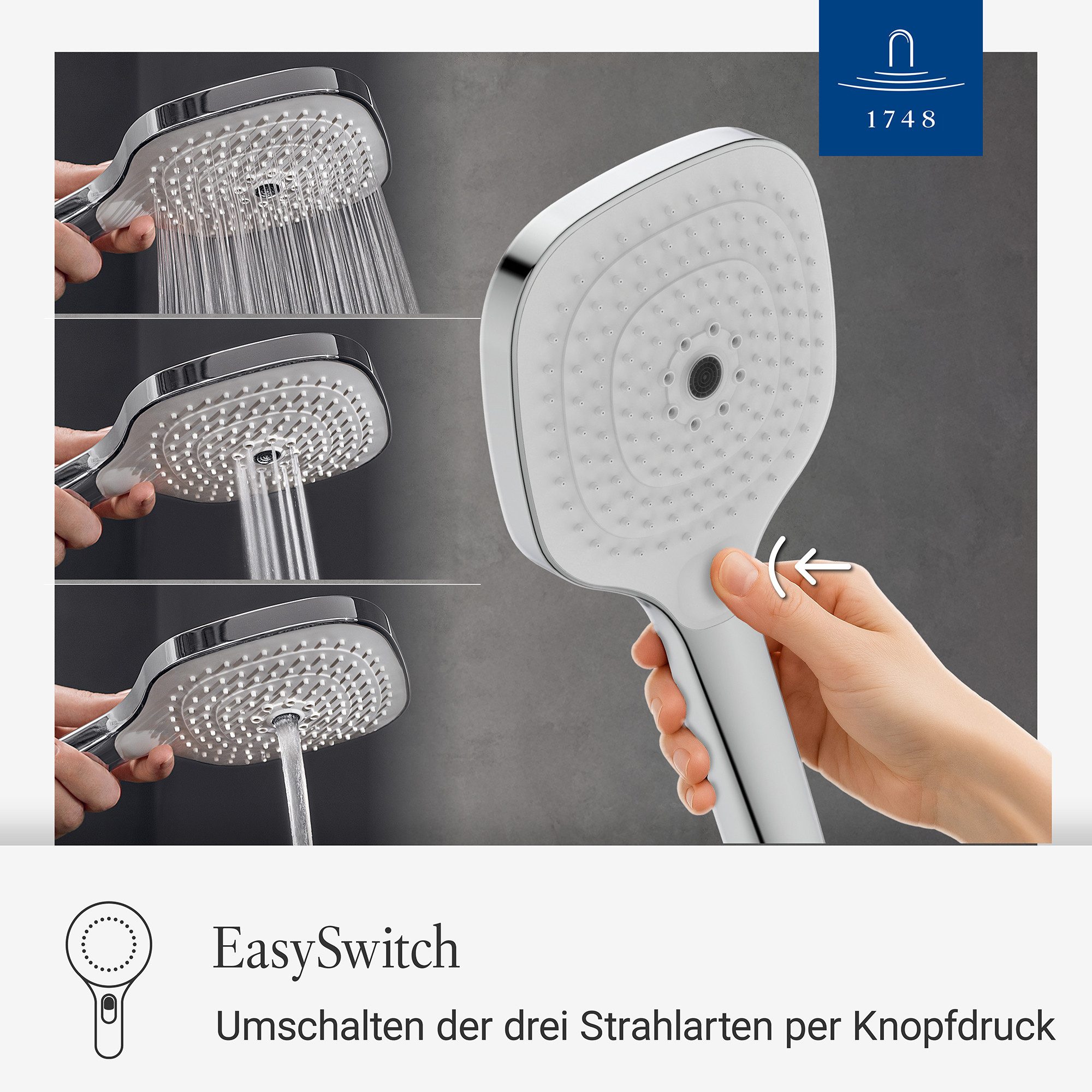 Villeroy & Boch Handbrause Elody, mit 3 Straharten, Wechsel per Knopfdruck, Einfache Reinigung