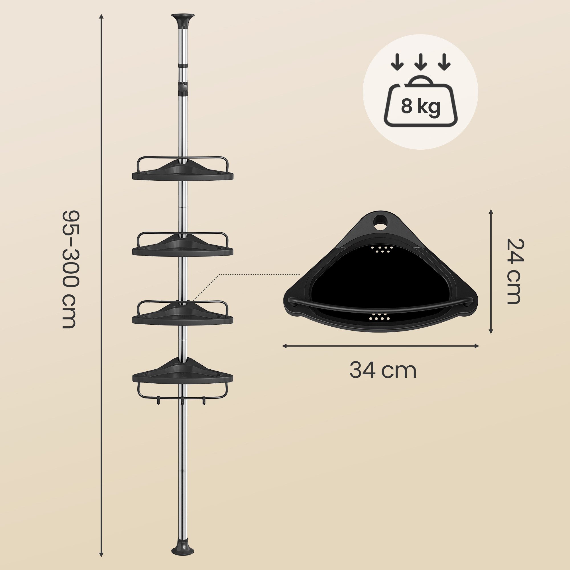 SONGMICS Duschablage, Duschablage Duschregal, höhenverstellbar, 95-300cm, 4 Ablagen, 3 Haken