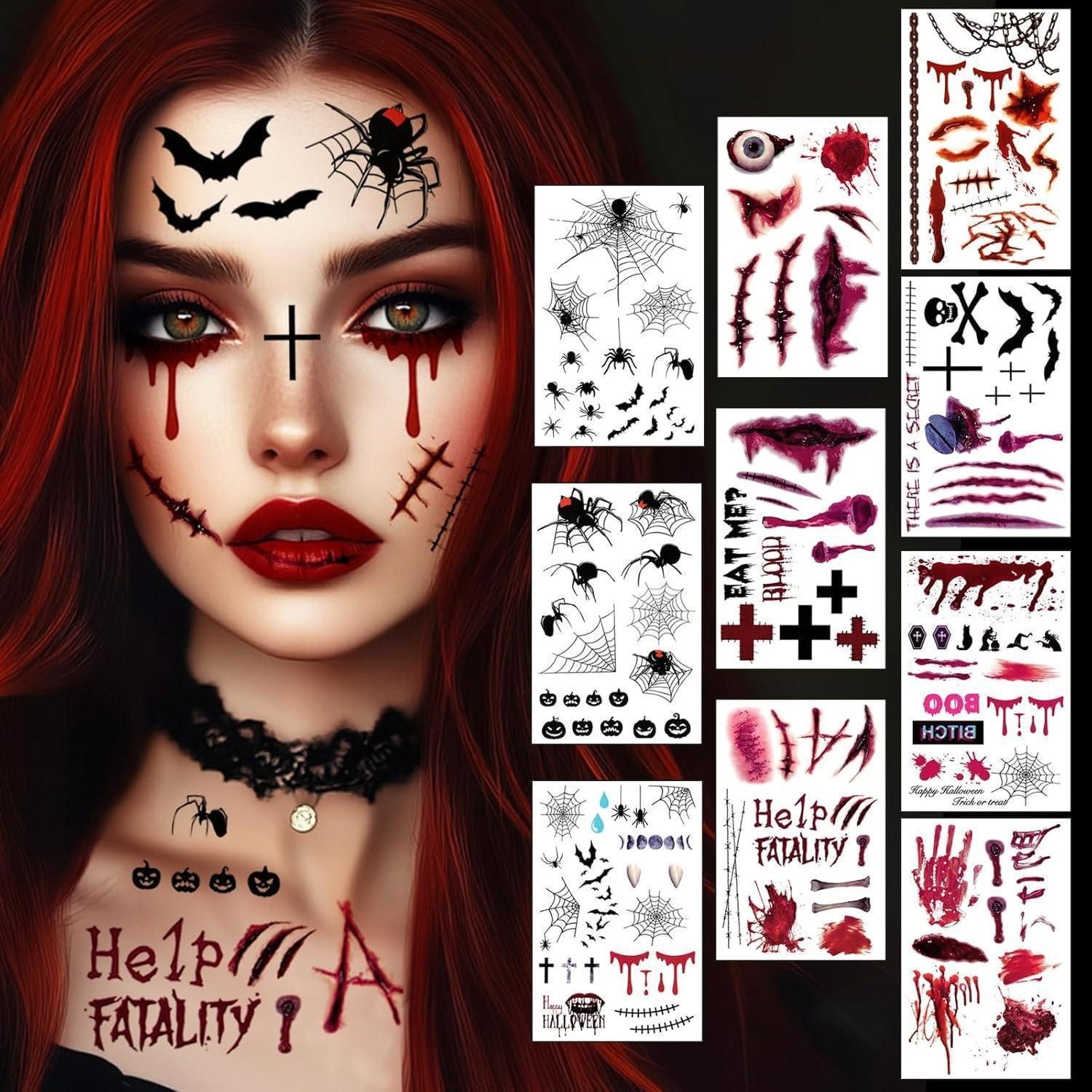 LuxusKollektion Kindertattoo Gesichtstattoo Halloween 10 Blatt Fake Blut Narben Wunden W