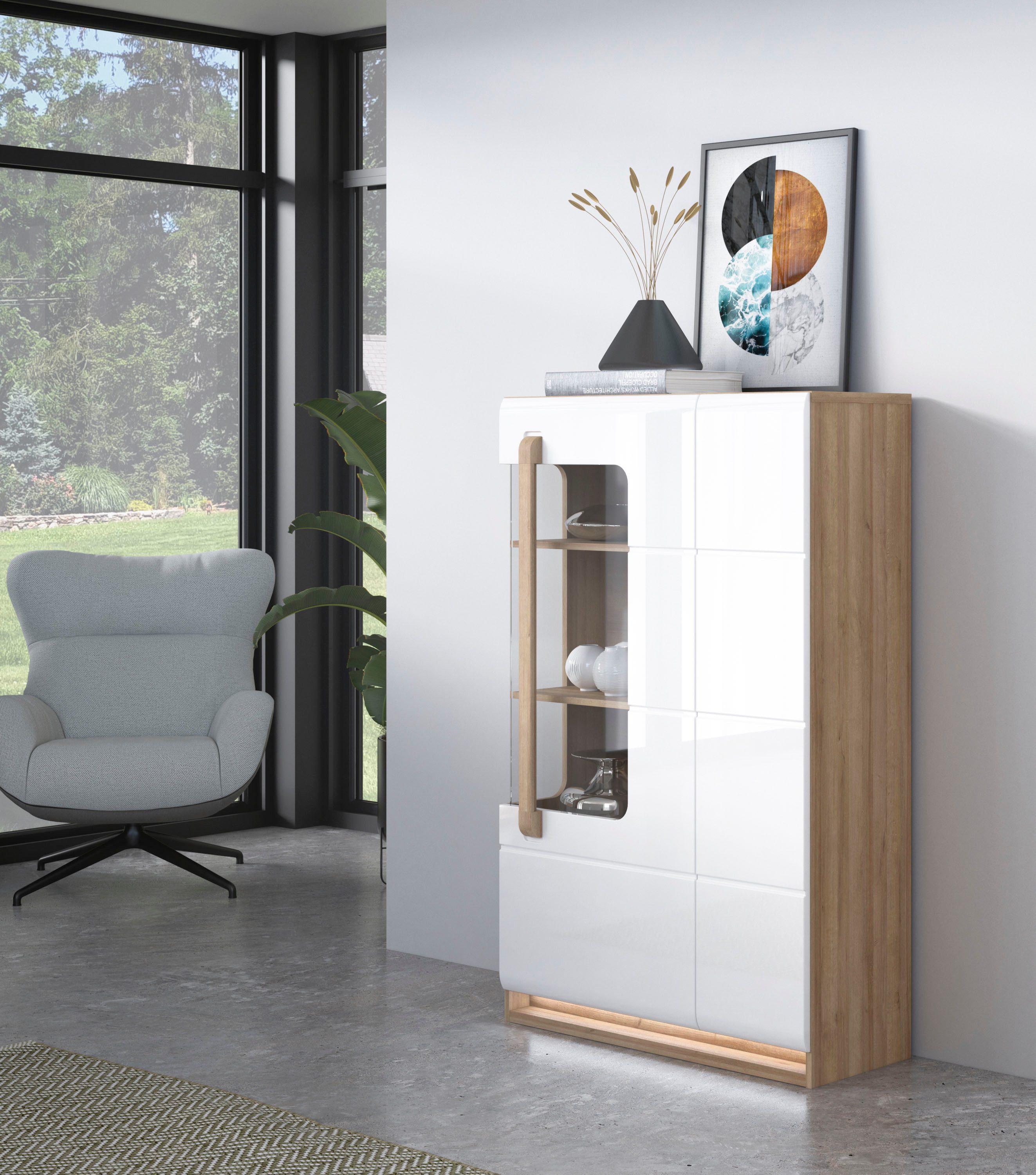 FORTE Highboard Attention (Hochschrank, Hochkommode), Highboard, Beleuchtung, Soft Close, Glastüre, Stauraum, Höhe 139,6cm