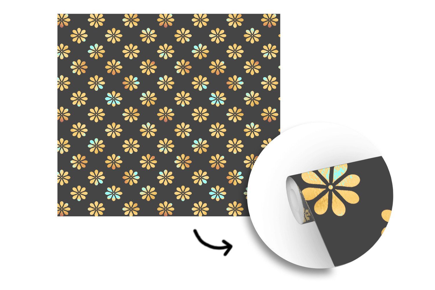 oder Tapete Wandtapete Schlafzimmer, (5 - Matt, Muster St), MuchoWow bedruckt, Gold, Wohnzimmer für Vinyl - Blumen Fototapete