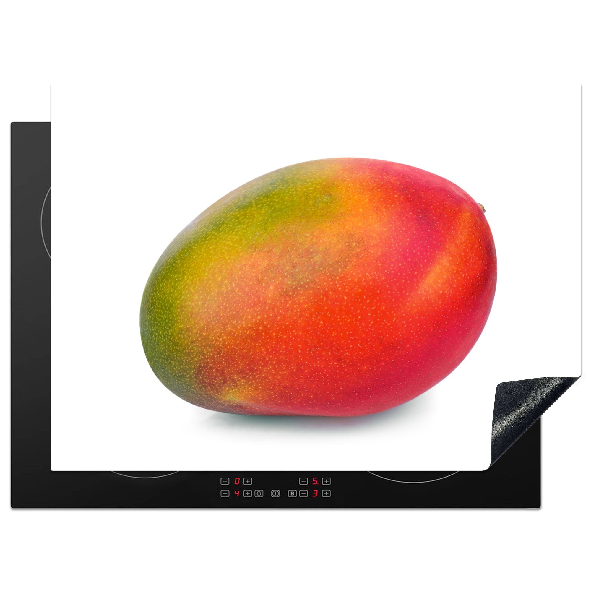 MuchoWow Herdblende-/Abdeckplatte Grüne und orangefarbene Mango auf weißem Hintergrund, Vinyl, (1 tlg), 70x52 cm, Mobile Arbeitsfläche nutzbar, Ceranfeldabdeckung
