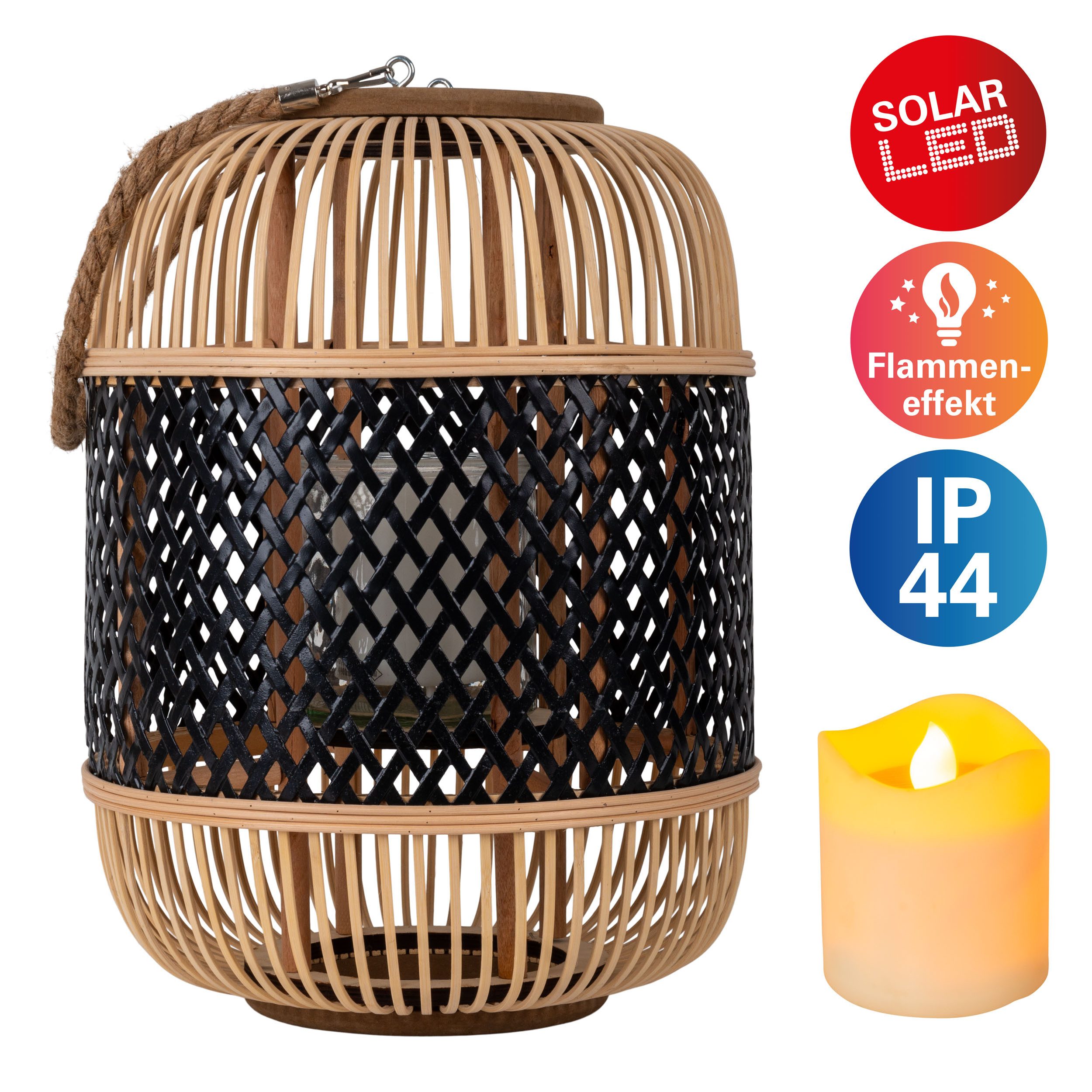 näve LED Dekolicht Korbinian, Tageslichtsensor, LED fest integriert, Warmweiß, Rattankorb natur/schwarz mit Griff inkl. Solarkerze mit Flammeneffekt