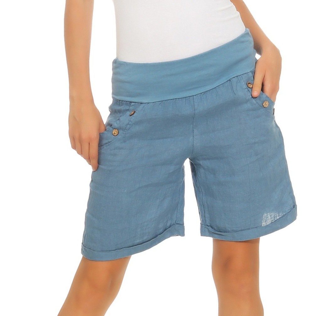 Mississhop Leinenhose Damen Shorts Leinenshorts Bermuda 100 % Leinen kurze Hose 280 mit elastischem Bund, in Unifarbe Jeansblau