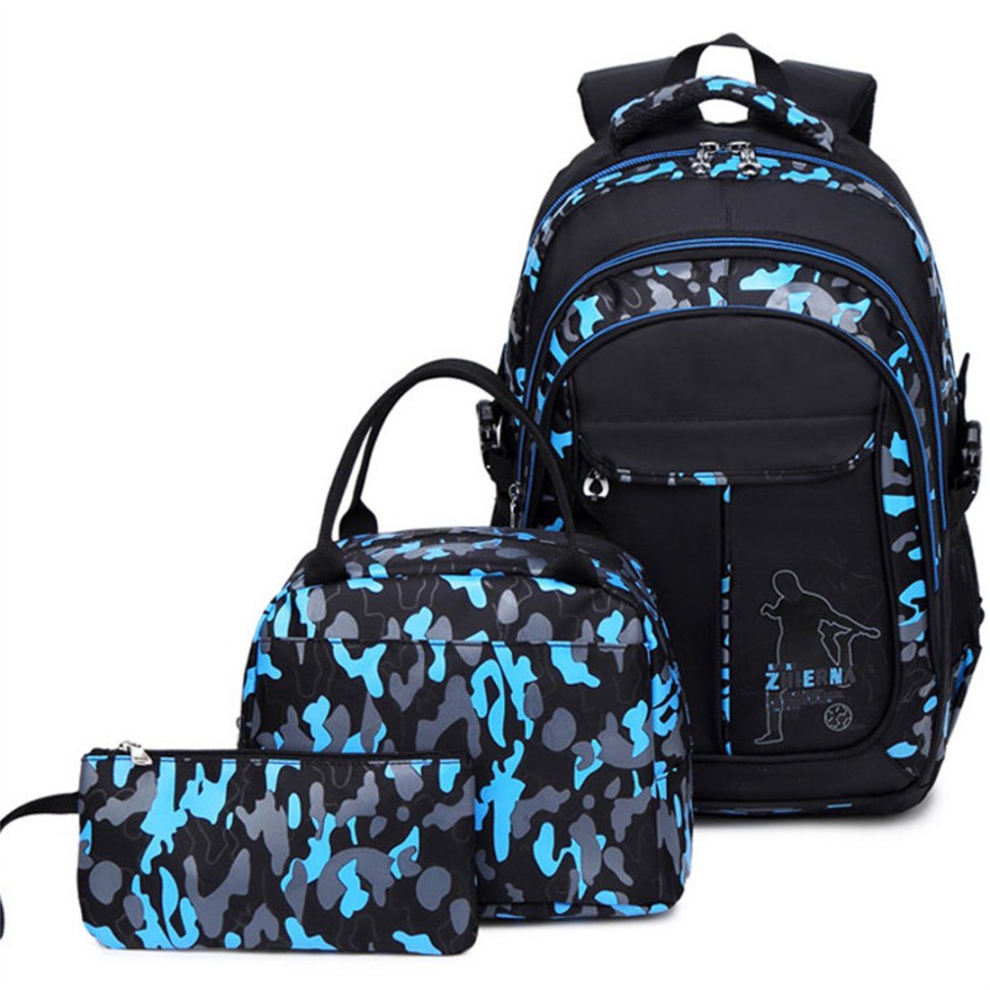 DÖRÖY Schulrucksack Student Backpack 3 Stück Set, Kinder Camouflage gedruckt Schulranzen blau