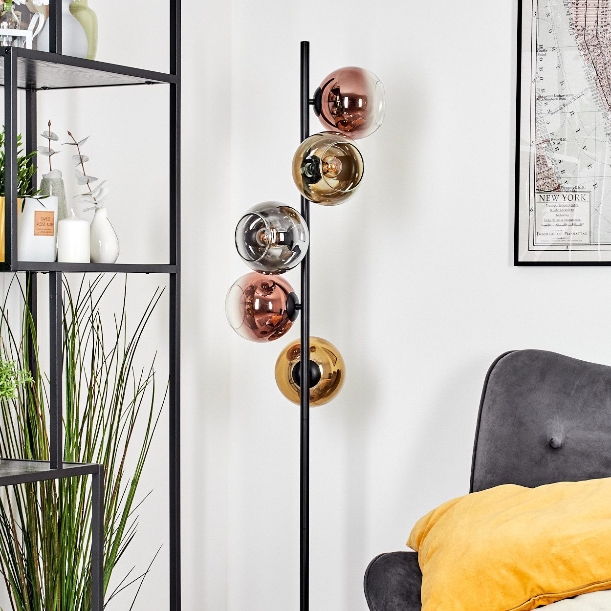 hofstein Stehlampe Stehlampe aus Metall/Glas in Schwarz/Chrom/Rauch/Gold/Kupfer/Klar, ohne Leuchtmittel, Stehleuchte im Retro/Vintage-Design mit Fußschalter, 160 cm, 5 x E14
