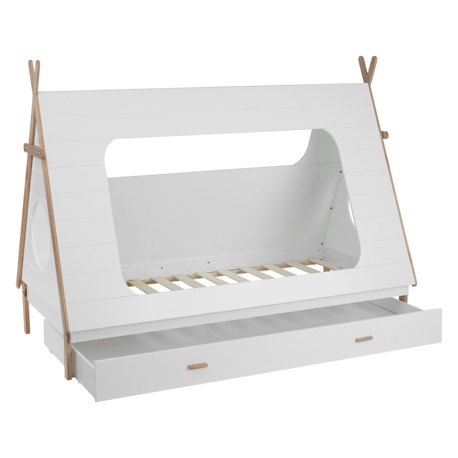 Homestyle4u Hausbett 90x200 TIPI Bett Kinderbett Weiß Kinderzimmer (Set, Set, mit Lattenrost und Bettkasten/Schublade, Rausfallschutz), mit Stauraum (Bettkasten/Schublade)
