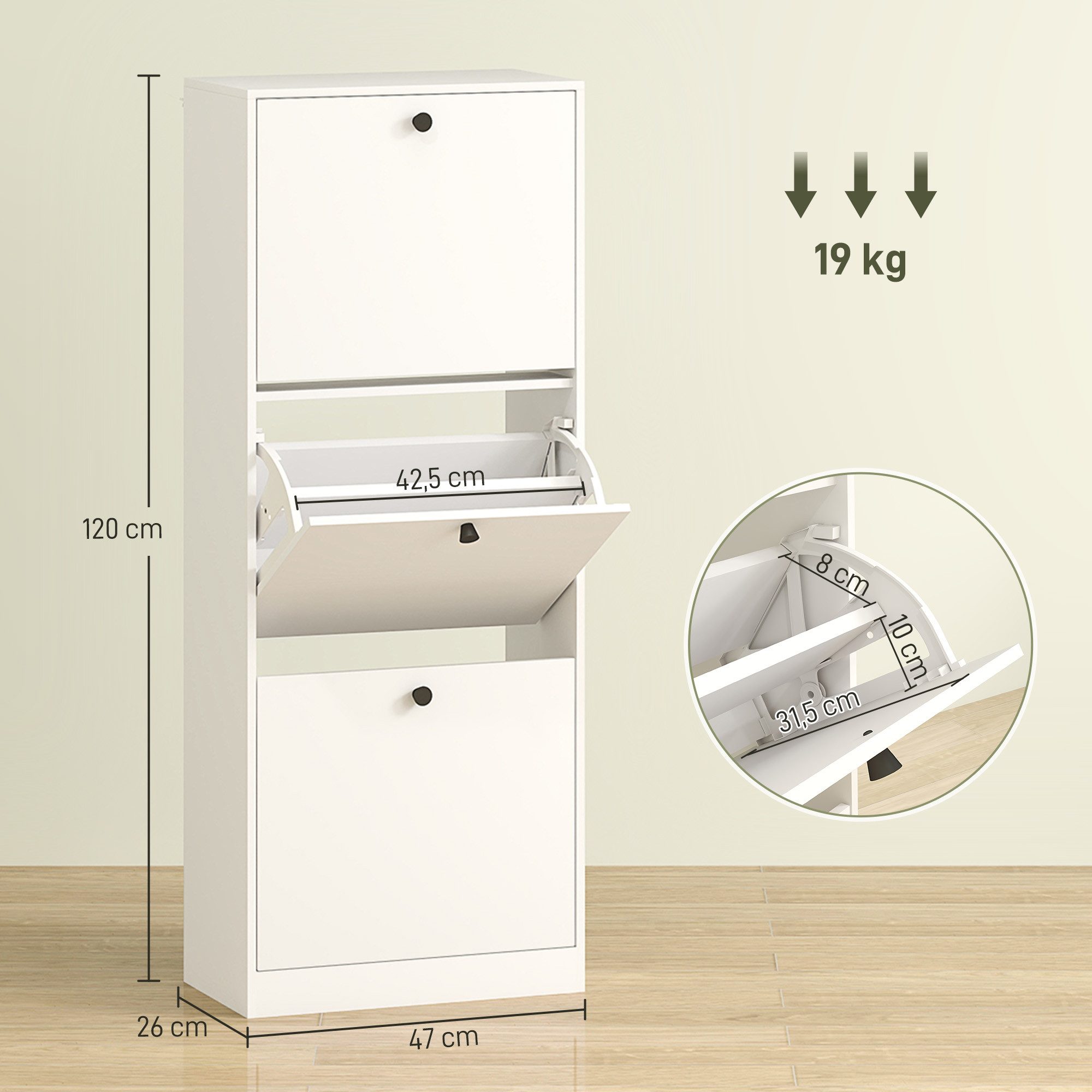 HOMCOM Schuhschrank Schuhregal mit Verstellbar Trennwand, 3 Klappen (Schuhkommode, 1-St., Schmal Schuhkipper) für 12 Paar Schuhe 47 x 26 x 120 cm, Weiß