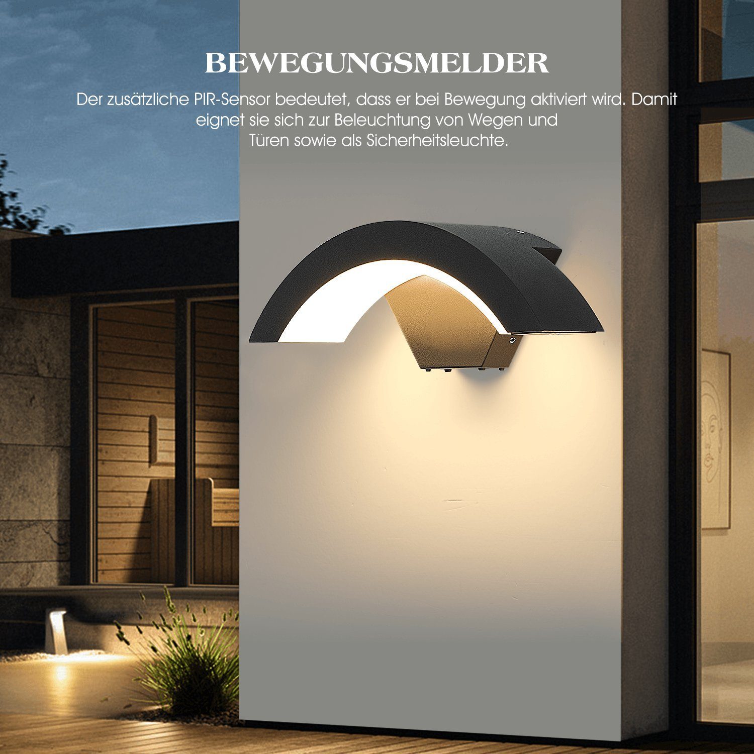 PIR Kurve PIR-Bewegungsmelder iscooter Wandleuchte LED Außen Bewegungssensor Wandlampe 18W ohne mit