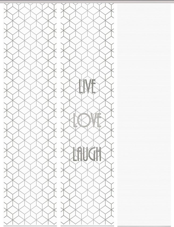 Schiebegardine LIVE LOVE LAUGH 3er SET, Vision S, Paneelwagen (3 St),  blickdicht, Bambus-Optik, Digital bedruckt | Schiebegardinen-Sets