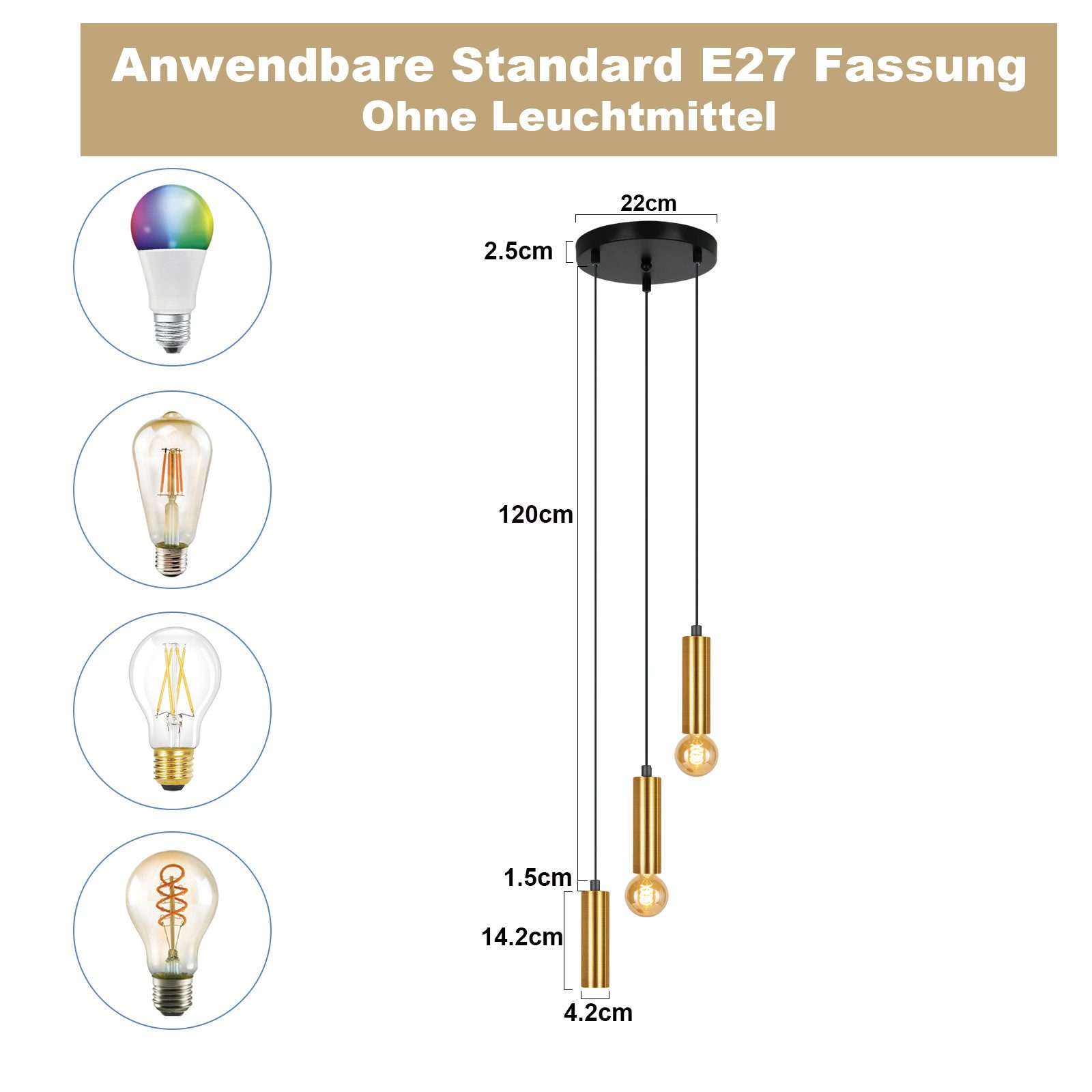 Nettlife Hängeleuchte Schwarz Gold E27 3 Flammig Esstisch Pendelleuchte Industrial Metall, Höhenverstellbar, LED wechselbar-ohne Leuchtmittel, Wohnzimmerlampe Schlafzimmer Küche Flur