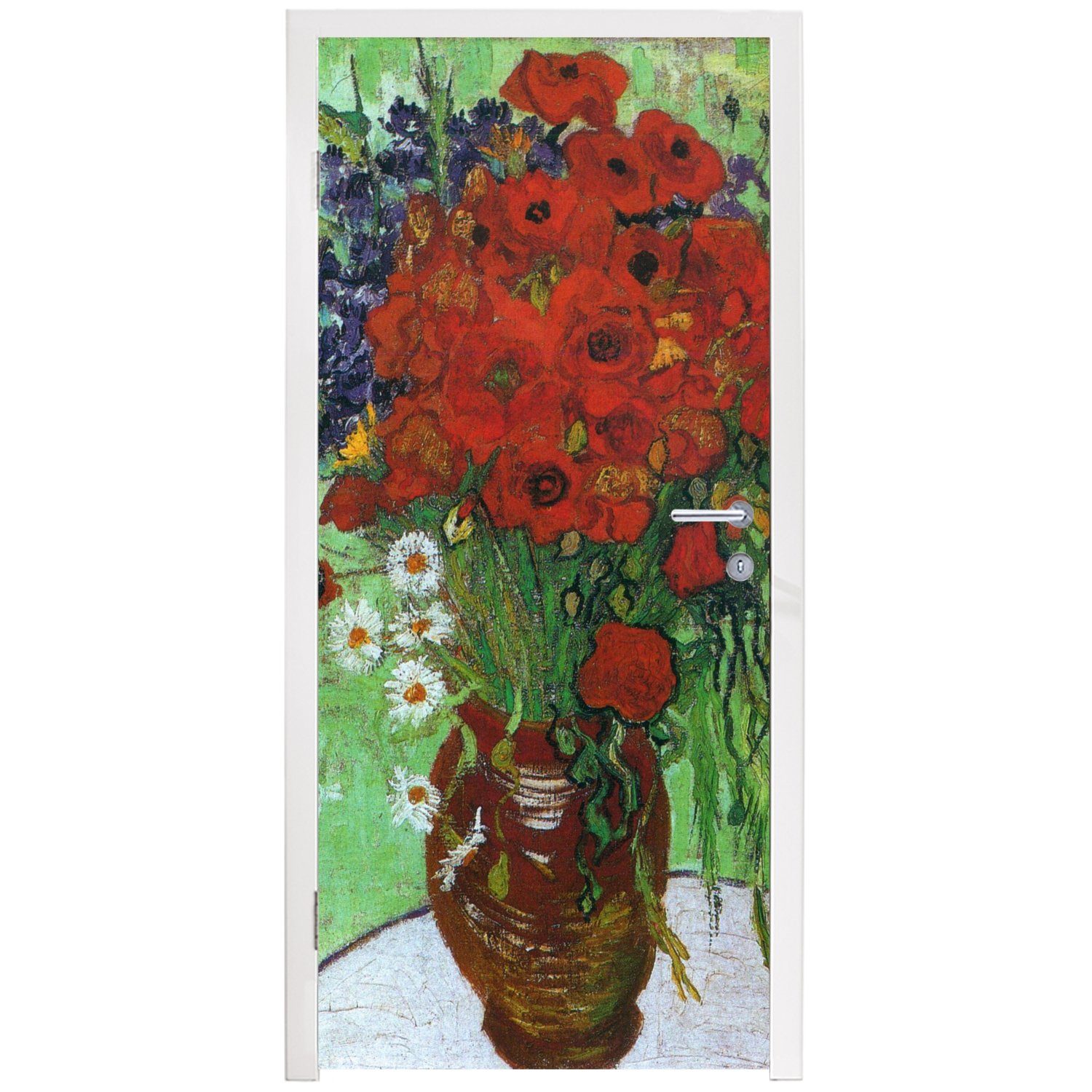 MuchoWow Türtapete für Fototapete bedruckt, van Matt, Tür, roten St), mit und Mohnblumen Vase Vincent Türaufkleber, Gänseblümchen (1 75x205 - Gogh, cm
