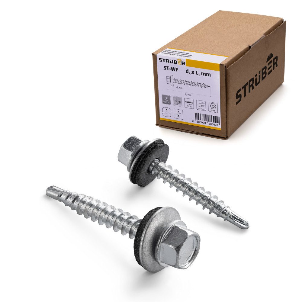 STRÜBER Schrauben- und Dübel-Set Trapezblechschrauben - Selbstbohrende Bohrschrauben mit Dichtscheibe, (250 St)