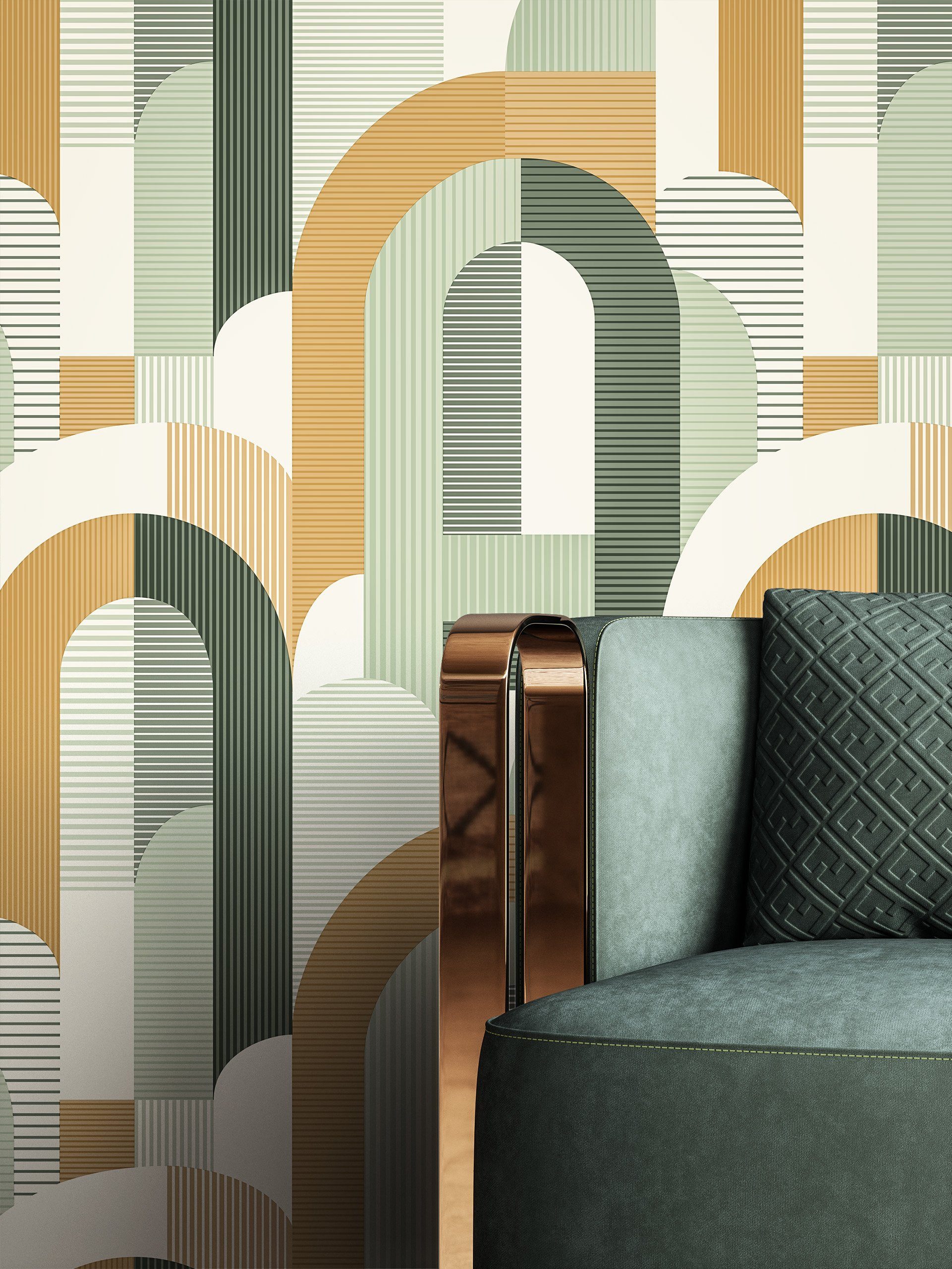 Newroom Vliestapete Leona Green Tapete Mustertapete Streifen,Linien,Bogen, Grün Tapete Modern Streifen - Mustertapete Boho-Tapete Weiß Braun Boho Grafisch Linien Bogen für Wohnzimmer Schlafzimmer Küche, Boho-Tapete