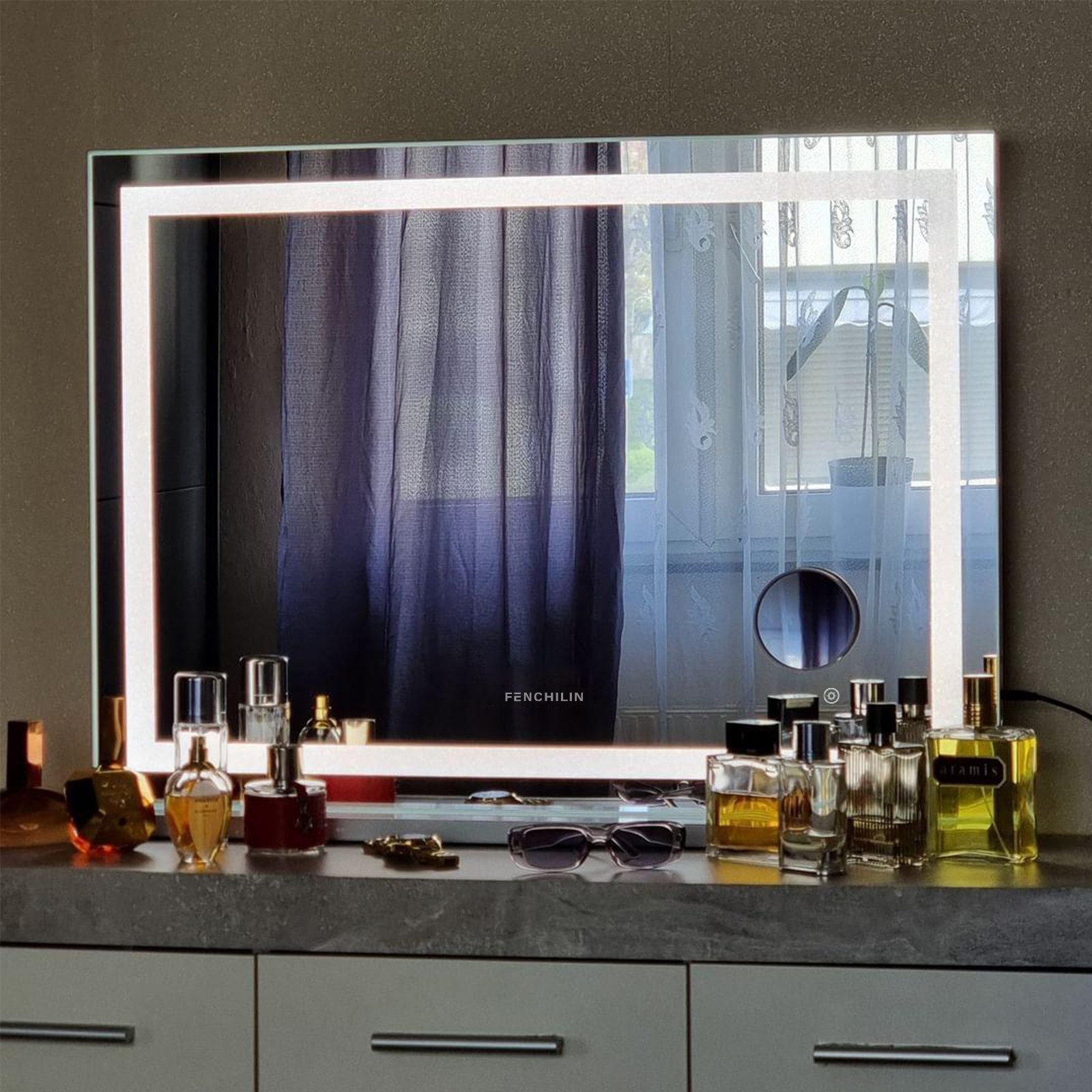 FENCHILIN Schminkspiegel mit LED Lichtleiste gestreute Diamanten weiß 80/58 cm