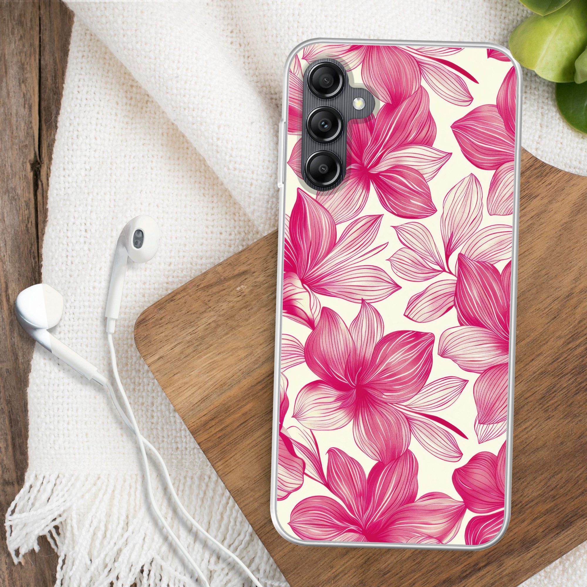 MuchoWow Handyhülle für Samsung Galaxy A14 5G Blumen - Muster - Rosa - Weiß, Smartphone-Bumper, Print, Handy Schutzhülle Dünn