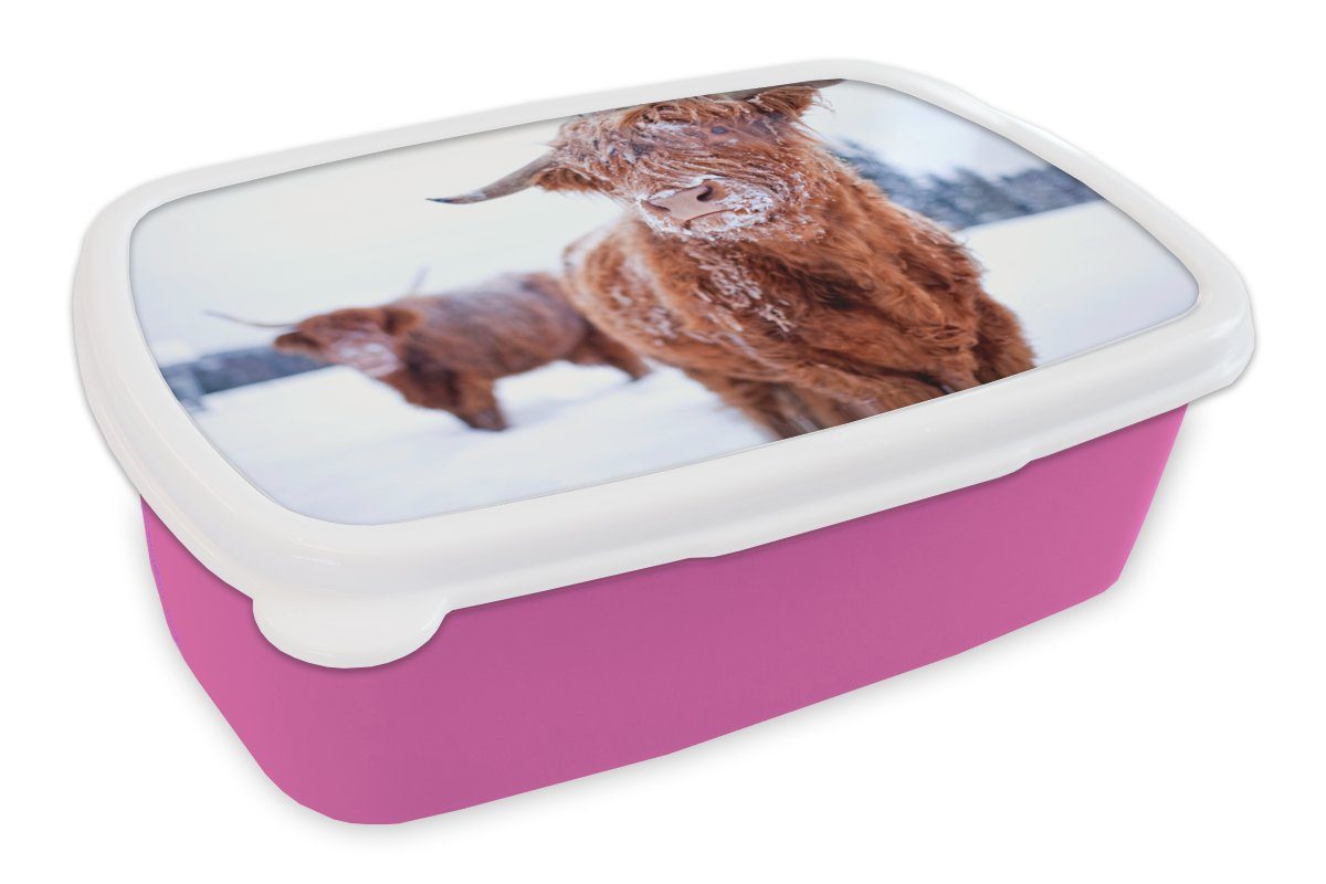 MuchoWow Lunchbox Snackbox, für rosa Kunststoff, Haut, Mädchen, - - Highlander Schottischer Erwachsene, Brotbox Kunststoff Schnee Kinder, (2-tlg), Brotdose