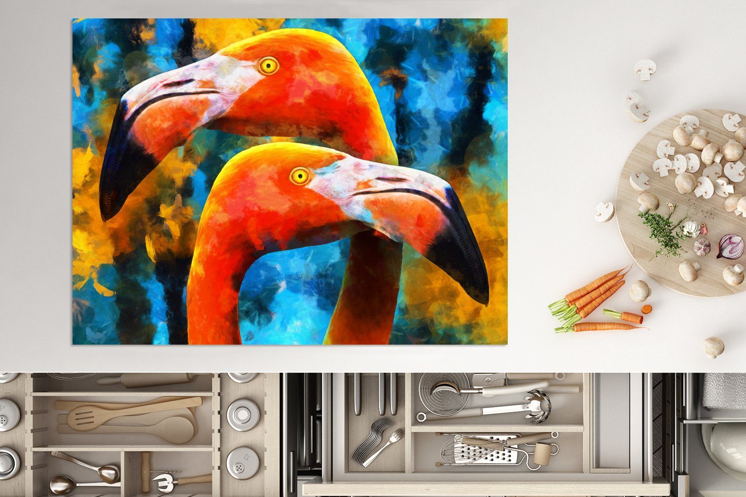 nutzbar, Herdblende-/Abdeckplatte Vinyl, Arbeitsfläche - tlg), Mobile 70x52 (1 Flamingo, cm, - Ölfarbe Ceranfeldabdeckung Gemälde MuchoWow