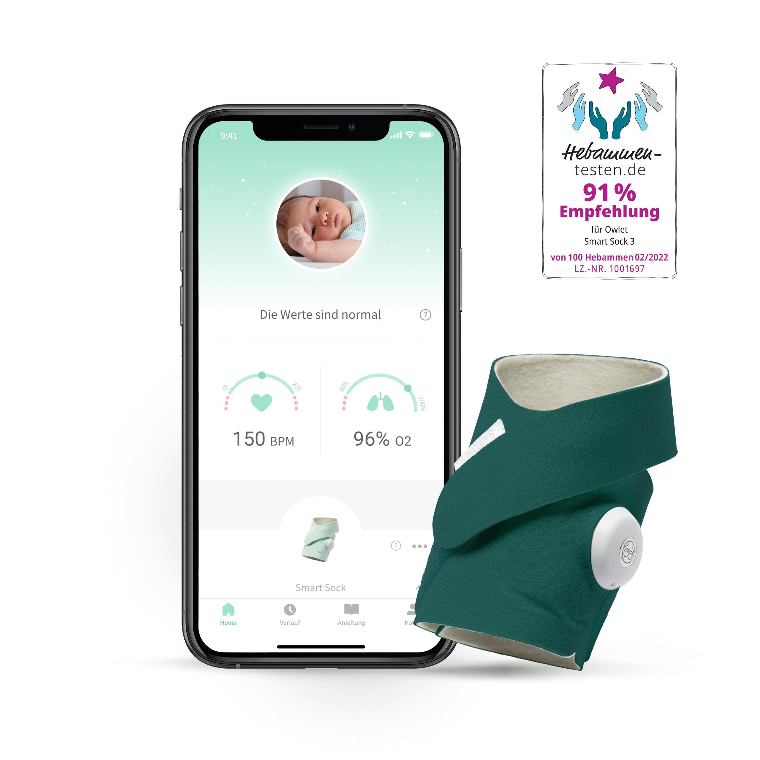 Herzfrequenz 3 via App Original-Mintgrün Schlaf und Tracking Smart Owlet Sock Smart - DE Baby Babyphone, von Sock, Care