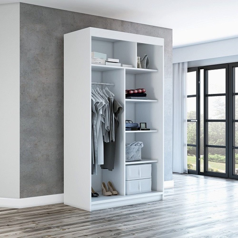 A&J MöbelLand GmbH Schiebetürenschrank MITT 2-türig Schrank mit Spiegel (nur für kurze Zeit! TOP ANGEBOT! Geräumiger Schrank mit viel Stauraum:6 Regalen und 1 Kleiderstange – -ideal zur Aufbewahrung von Kleidung und Accessoires. TOP PRODUKT! Farbe und Größe (120 cm, 160 cm, 180 cm) zur Auswahl -wählen Sie das ideale Modell für Ihr Schlafzimmer!, Kleiderschrank mit Regalen) Breite: 120 cm, 160 cm, 180 cm Höhe: 215 cm, Tiefe: 59,5 cm