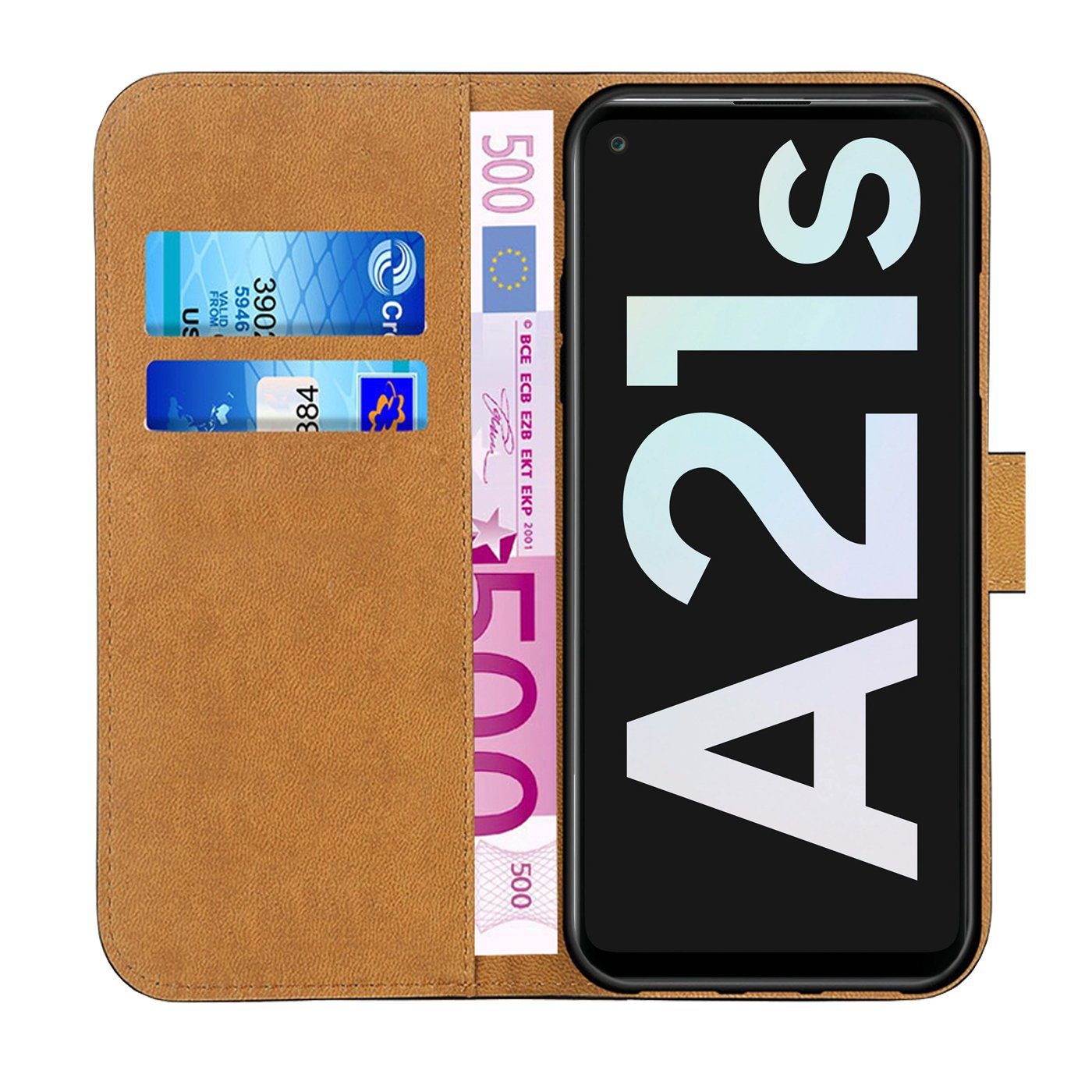 Numerva Handyhülle Bookstyle Etui Handytasche Schutzhülle für Samsung Galaxy A21s, Klapphülle Flip Cover Schwarz
