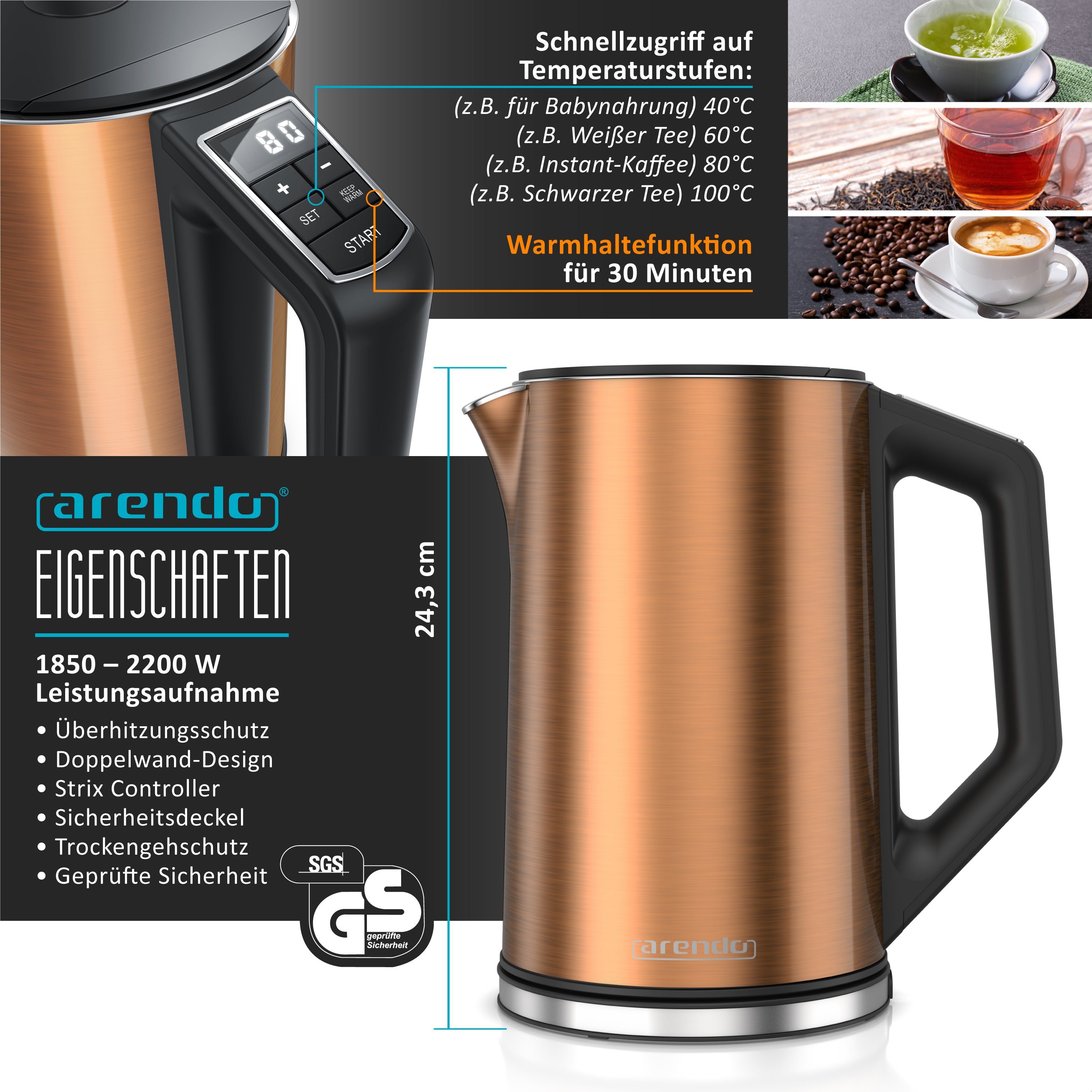 Arendo Frühstücks-Set Wasserkocher 1,5l, 4-Scheiben Toaster, 6er Eierkocher, Kupfer (3-tlg), Edelstahl, BPA-frei, GS-geprüfte Sicherheit, fürs Familienfrühstück – Bild 2 von 5