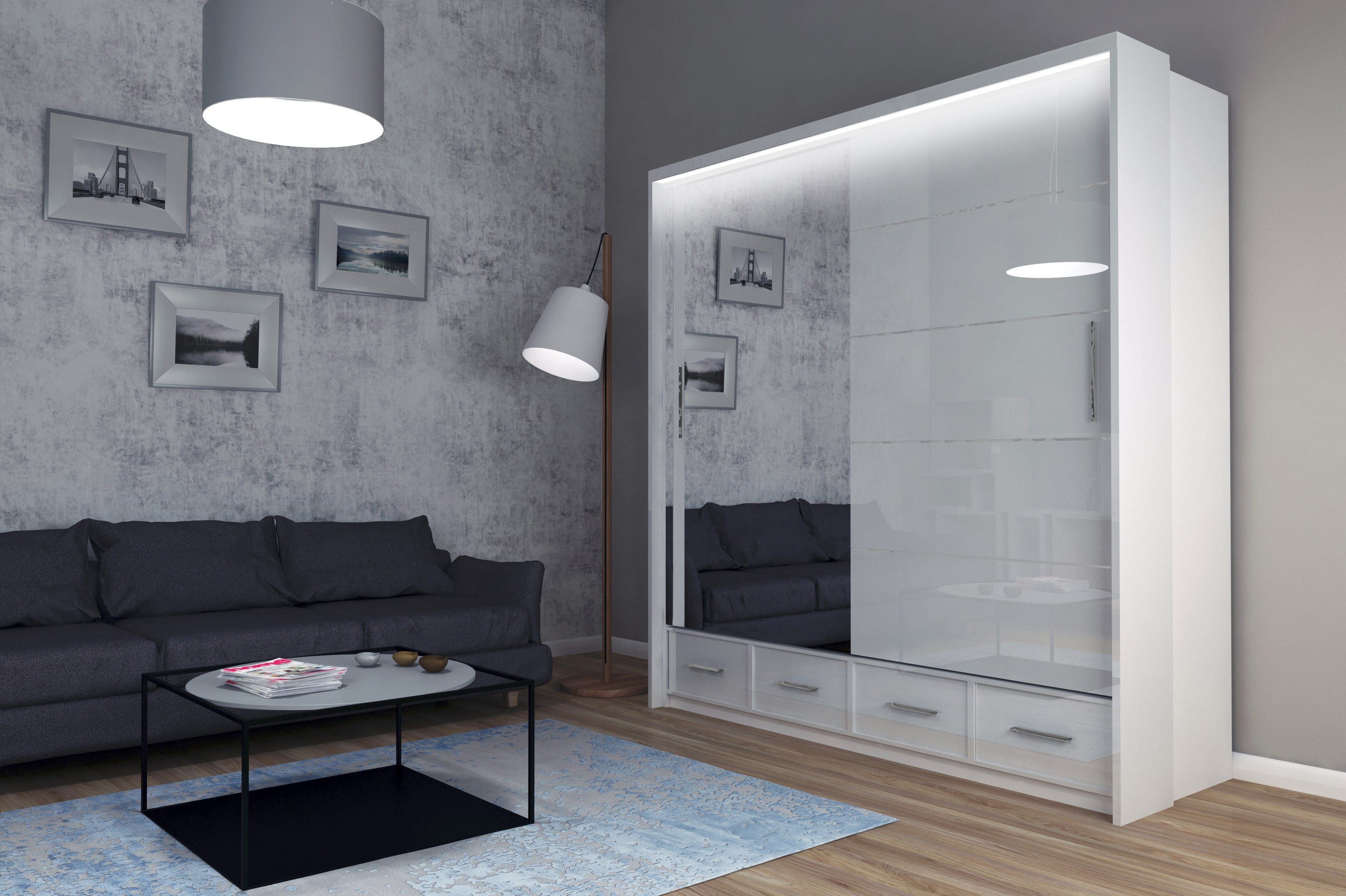 Compleo Kleiderschrank MONO mit Schubladen, Schrank mit Spiegel, mit Hochglanz, LED Weiß Hochglanz